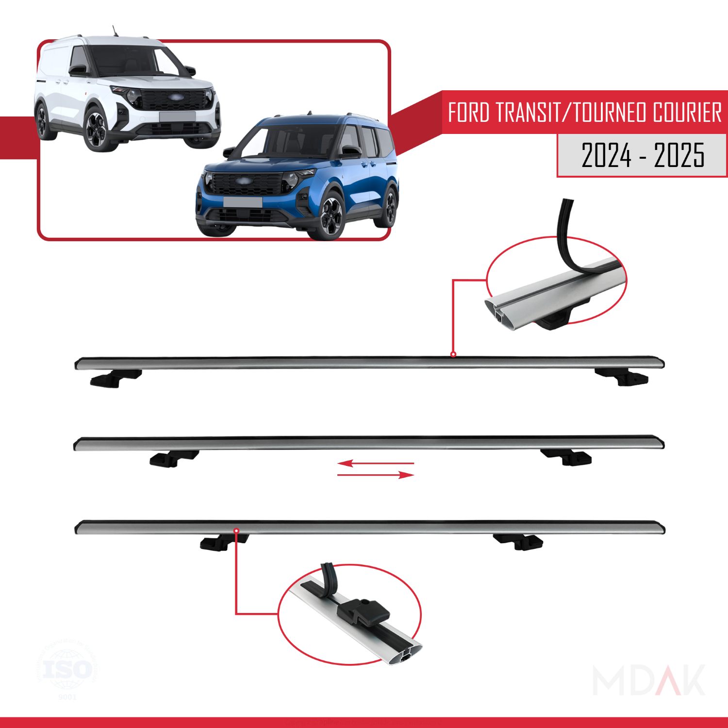Ford Transit/Tourneo Courier 2024-2025 Arası ile uyumlu BASIC Model Ara Atkı Tavan Barı Gri 3 Adet - Görsel 5