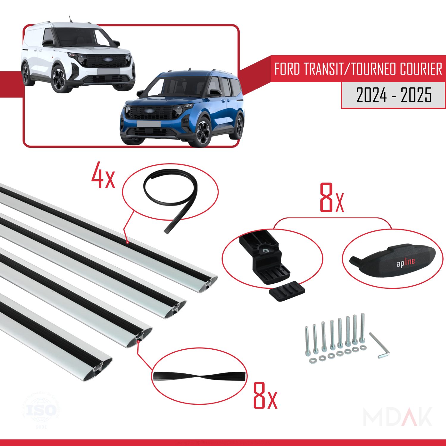 Ford Transit/Tourneo Courier 2024-2025 Arası ile uyumlu BASIC Model Ara Atkı Tavan Barı Gri 4 Adet - Görsel 6