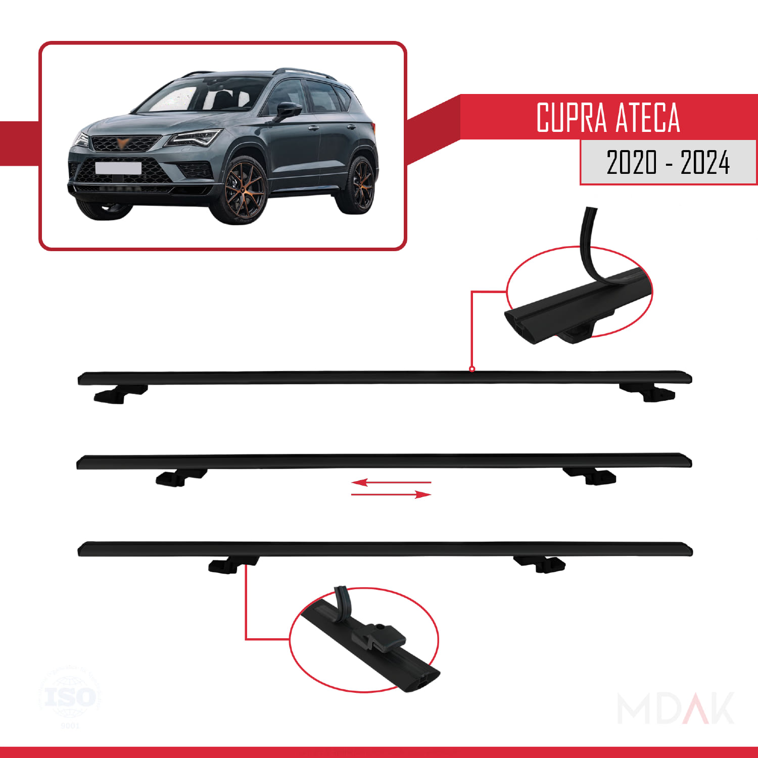 Cupra Ateca 2020-2024 Arası ile Uyumlu BASIC Model Ara Atkı Tavan Barı Siyah 3 Adet - Görsel 5