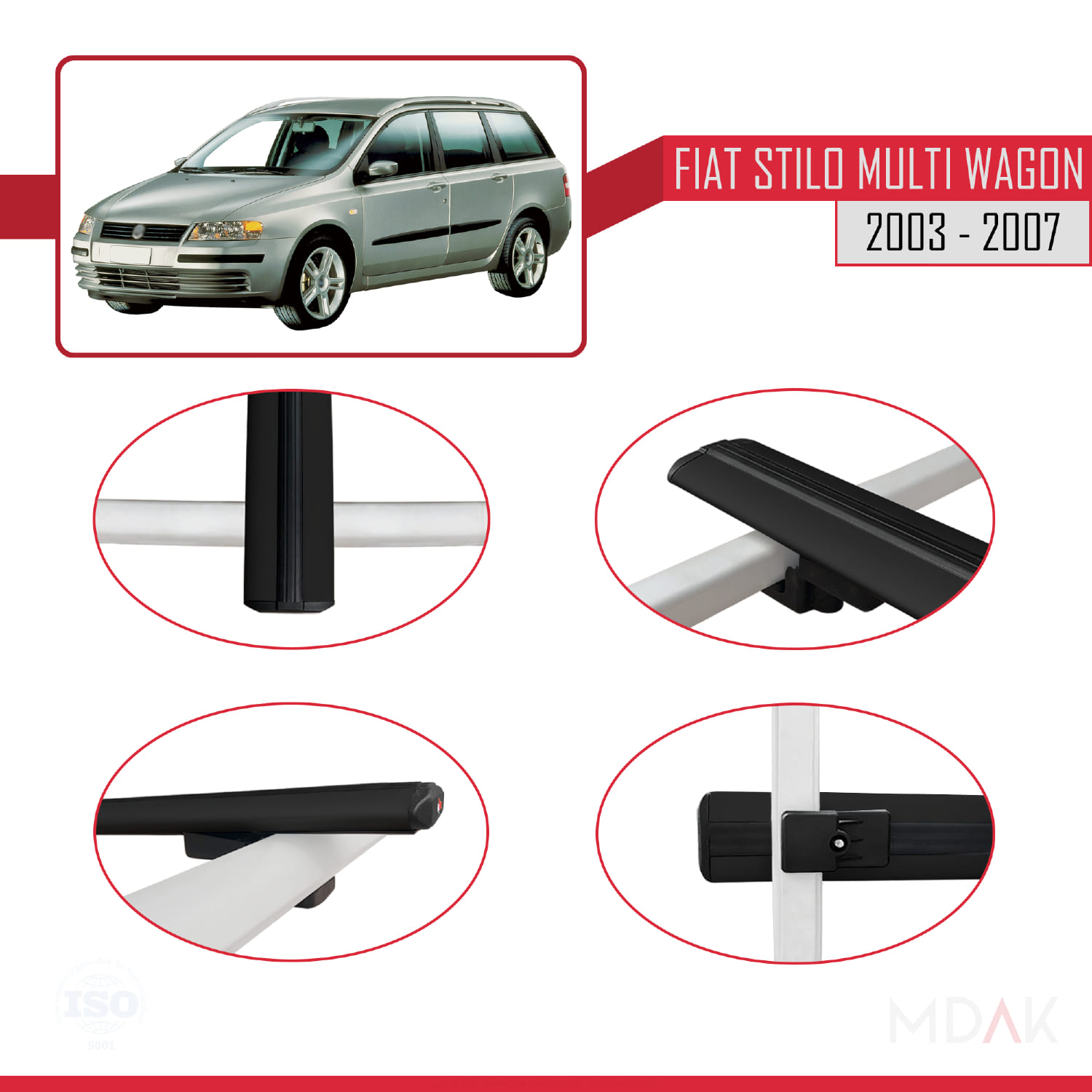 Fiat Stilo Multi Wagon 2003-2007 Arası ile Uyumlu BASIC Model Ara Atkı Tavan Barı Siyah 3 Adet - Görsel 4