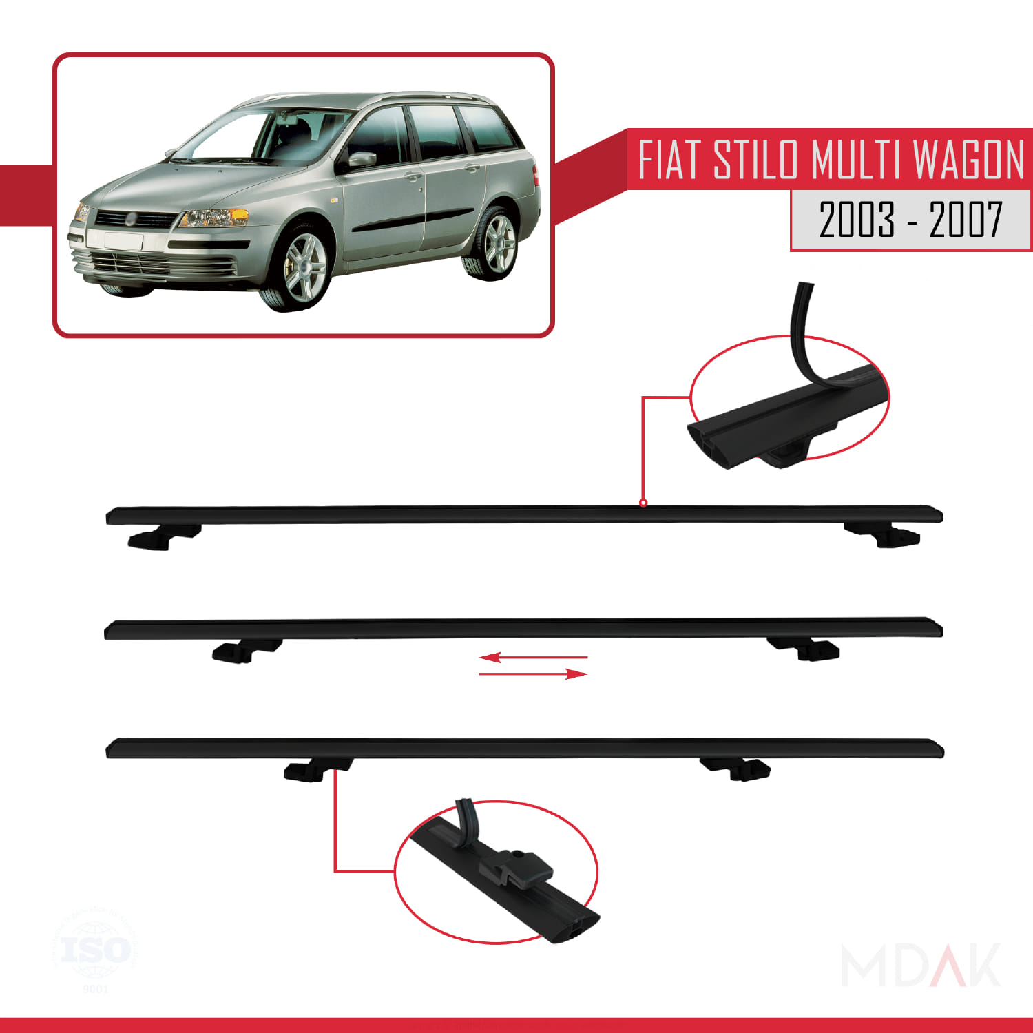Fiat Stilo Multi Wagon 2003-2007 Arası ile Uyumlu BASIC Model Ara Atkı Tavan Barı Siyah 3 Adet - Görsel 5