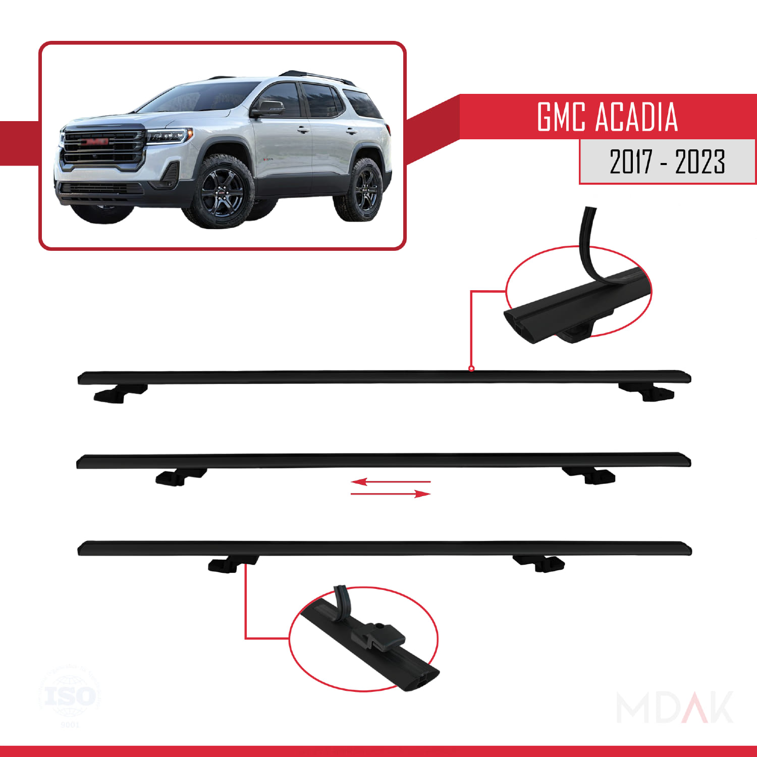 GMC Acadia 2017-2023 Arası ile Uyumlu BASIC Model Ara Atkı Tavan Barı Siyah 3 Adet - Görsel 5