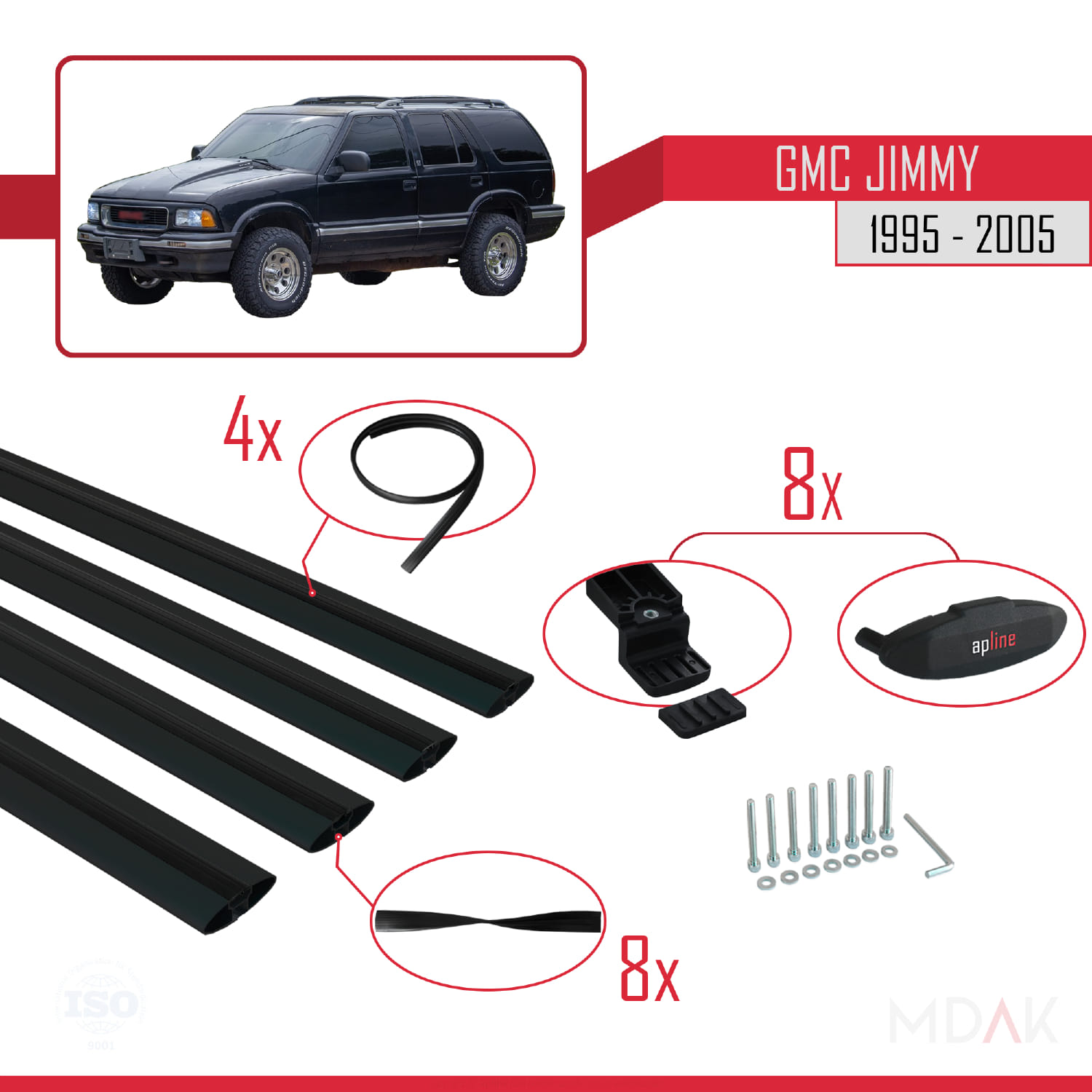 GMC Jimmy 1995-2005 Arası ile Uyumlu BASIC Model Ara Atkı Tavan Barı Siyah 4 Adet - Görsel 6