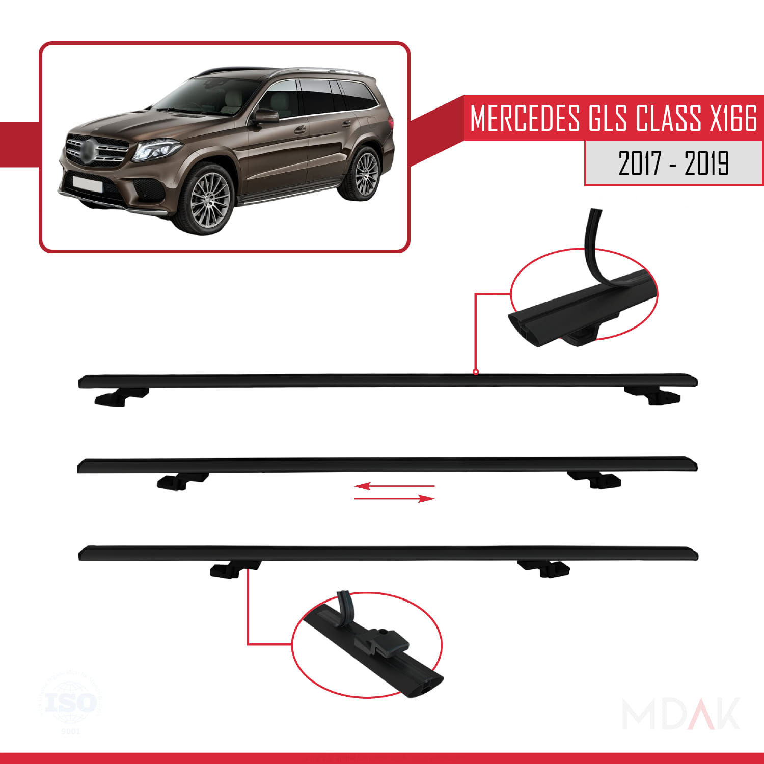 Mercedes GLS Class X166 2017-2019 Arası ile Uyumlu BASIC Model Ara Atkı Tavan Barı Siyah 2 Adet - Görsel 5