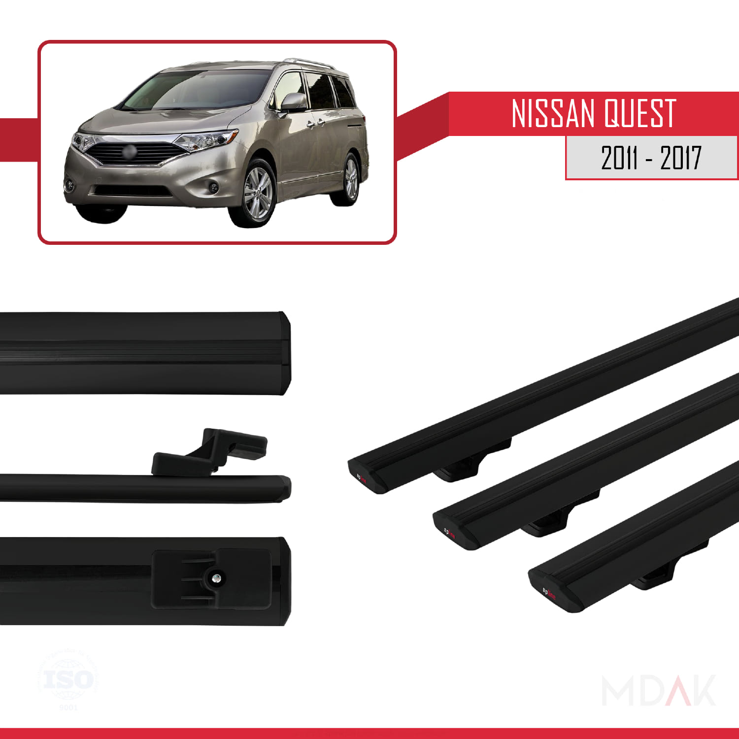 Nissan Quest 2011-2017 Arası ile Uyumlu BASIC Model Ara Atkı Tavan Barı Siyah 3 Adet - Görsel 3