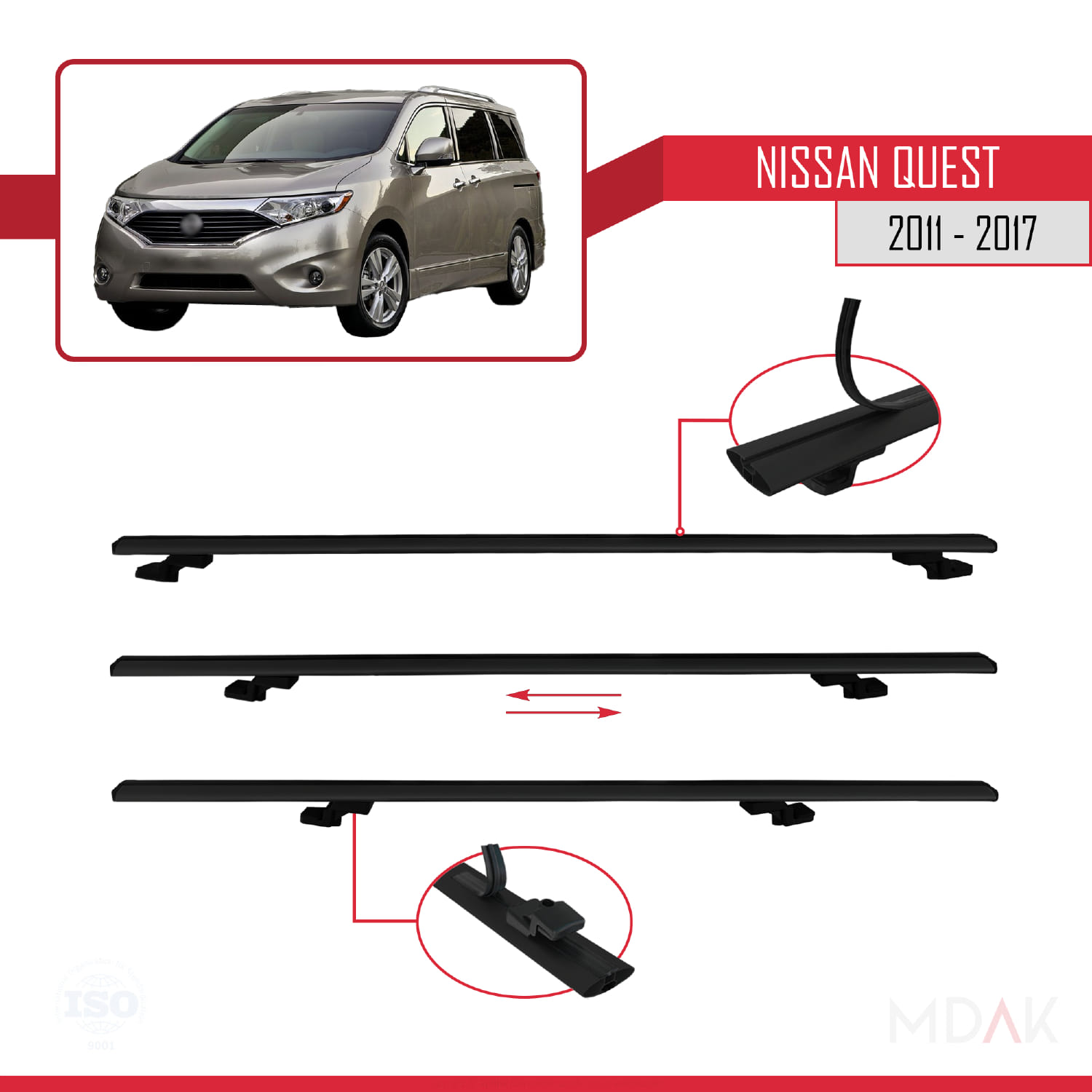 Nissan Quest 2011-2017 Arası ile Uyumlu BASIC Model Ara Atkı Tavan Barı Siyah 4 Adet - Görsel 5