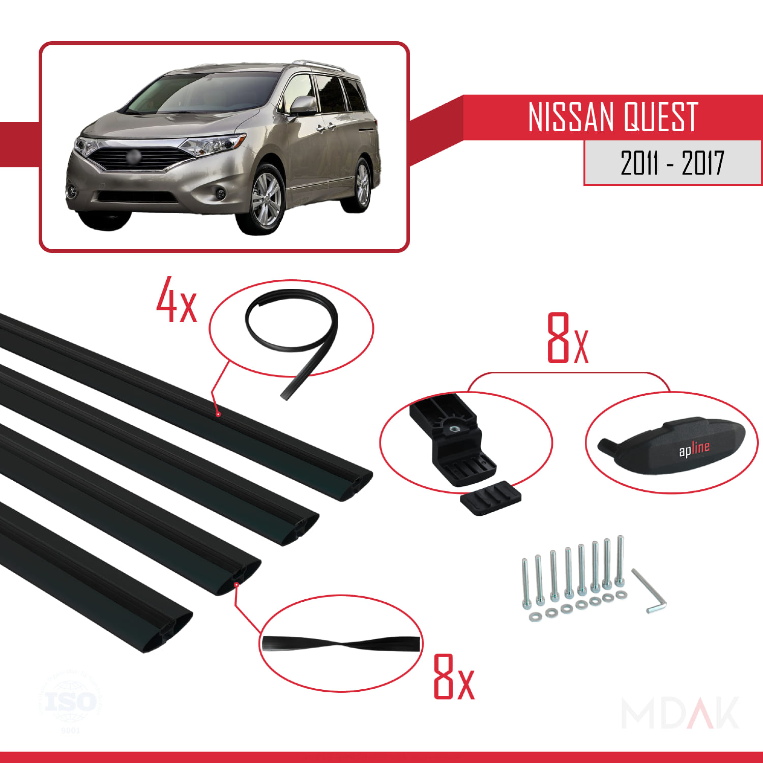Nissan Quest 2011-2017 Arası ile Uyumlu BASIC Model Ara Atkı Tavan Barı Siyah 4 Adet - Görsel 6