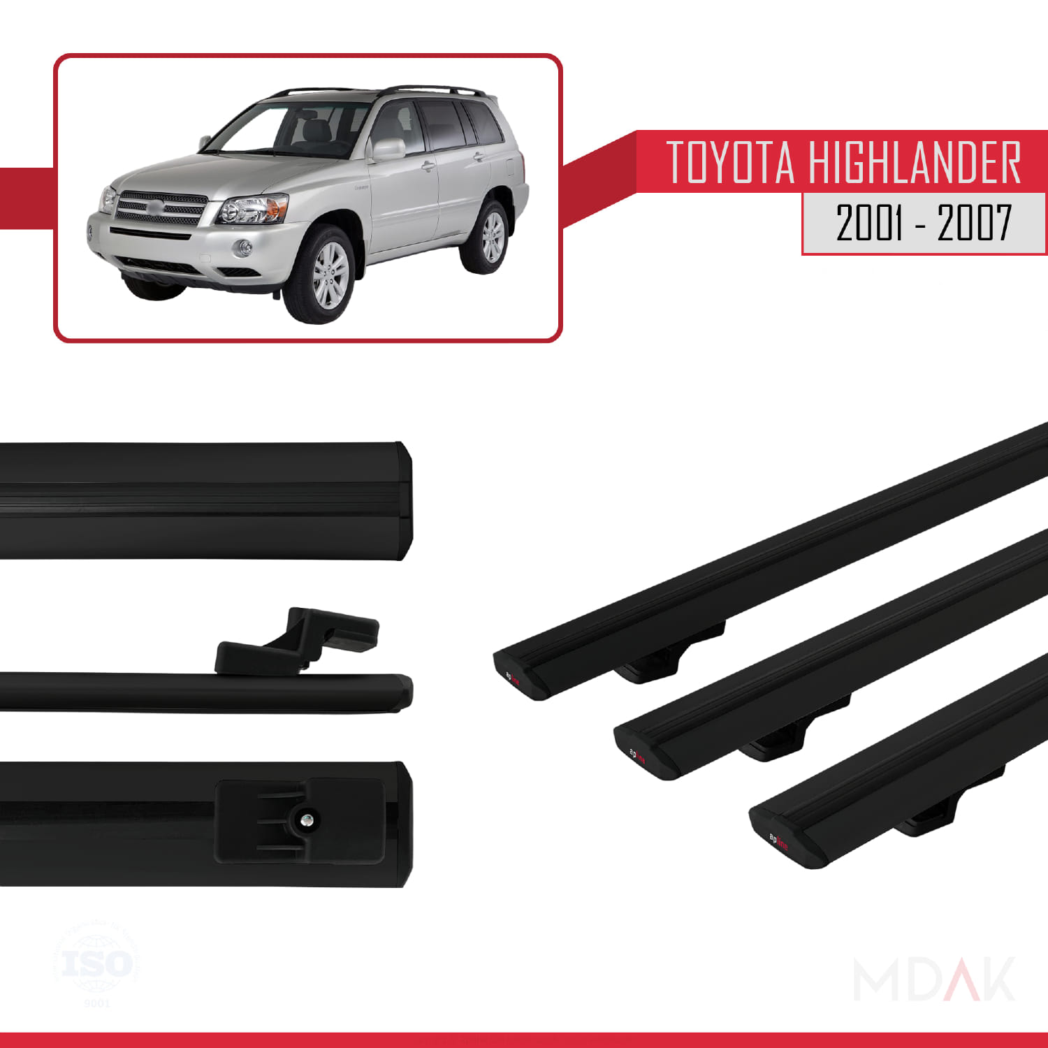 Toyota Highlander 2001-2007 Arası ile Uyumlu BASIC Model Ara Atkı Tavan Barı Siyah 3 Adet - Görsel 3