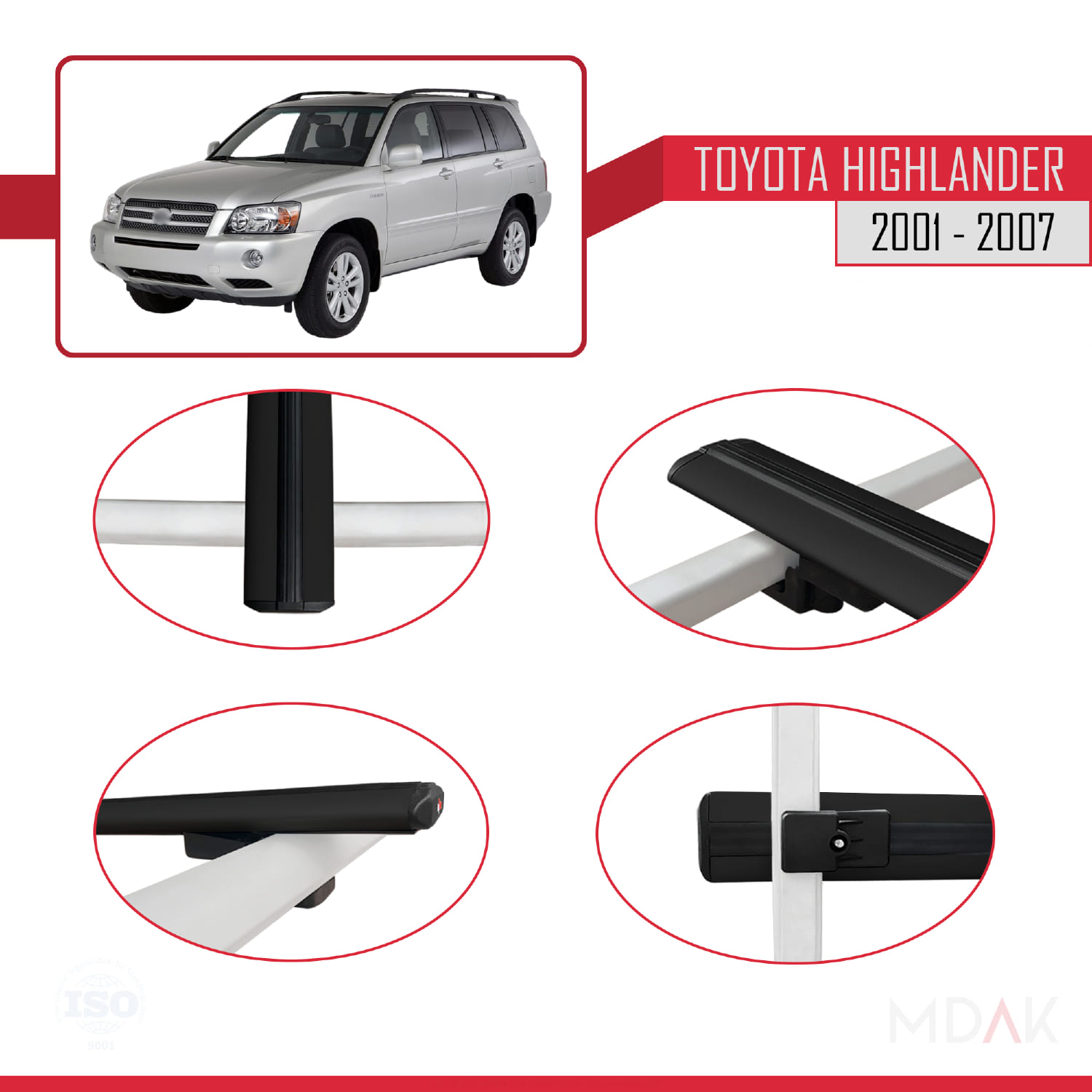 Toyota Highlander 2001-2007 Arası ile Uyumlu BASIC Model Ara Atkı Tavan Barı Siyah 3 Adet - Görsel 4