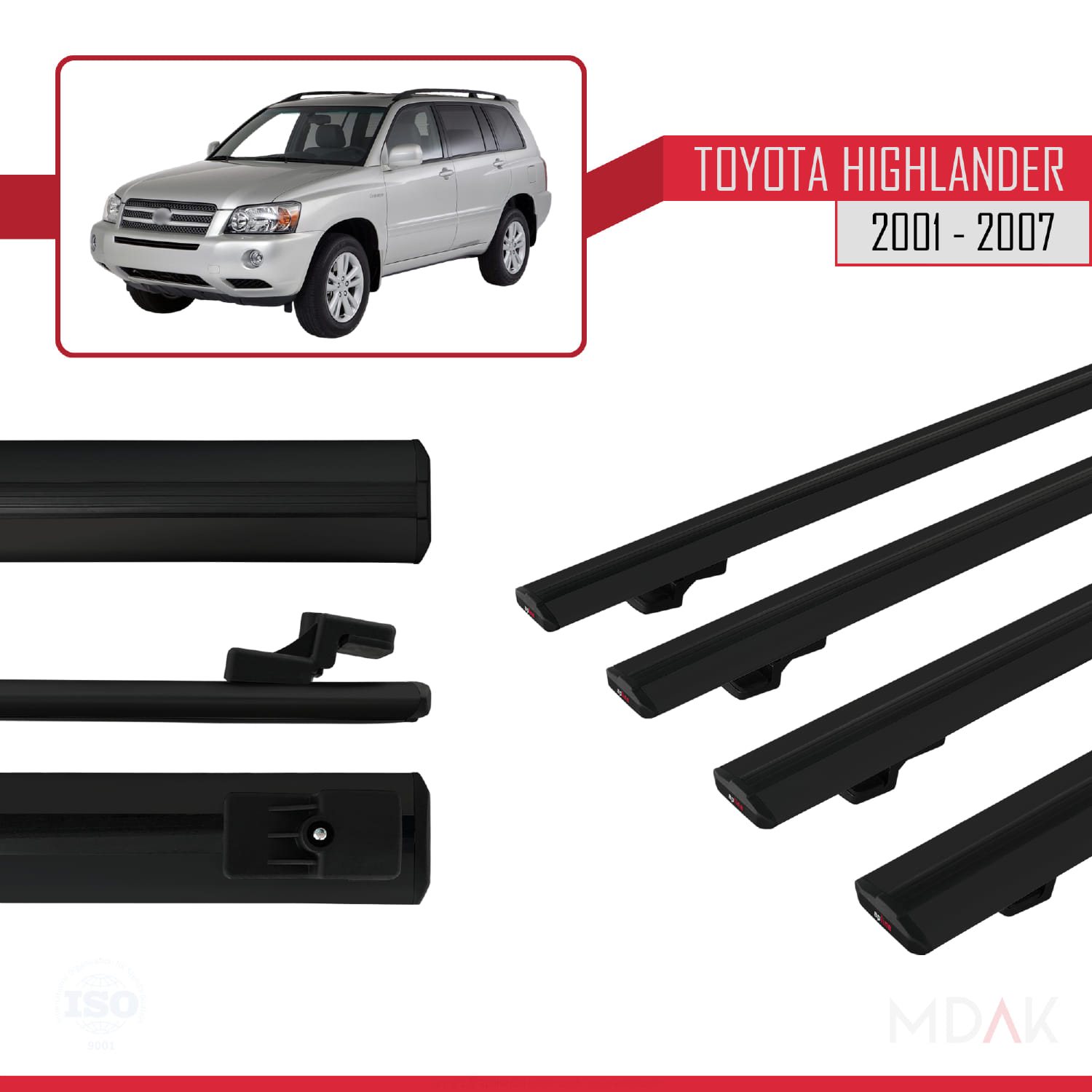 Toyota Highlander 2001-2007 Arası ile Uyumlu BASIC Model Ara Atkı Tavan Barı Siyah 4 Adet - Görsel 3