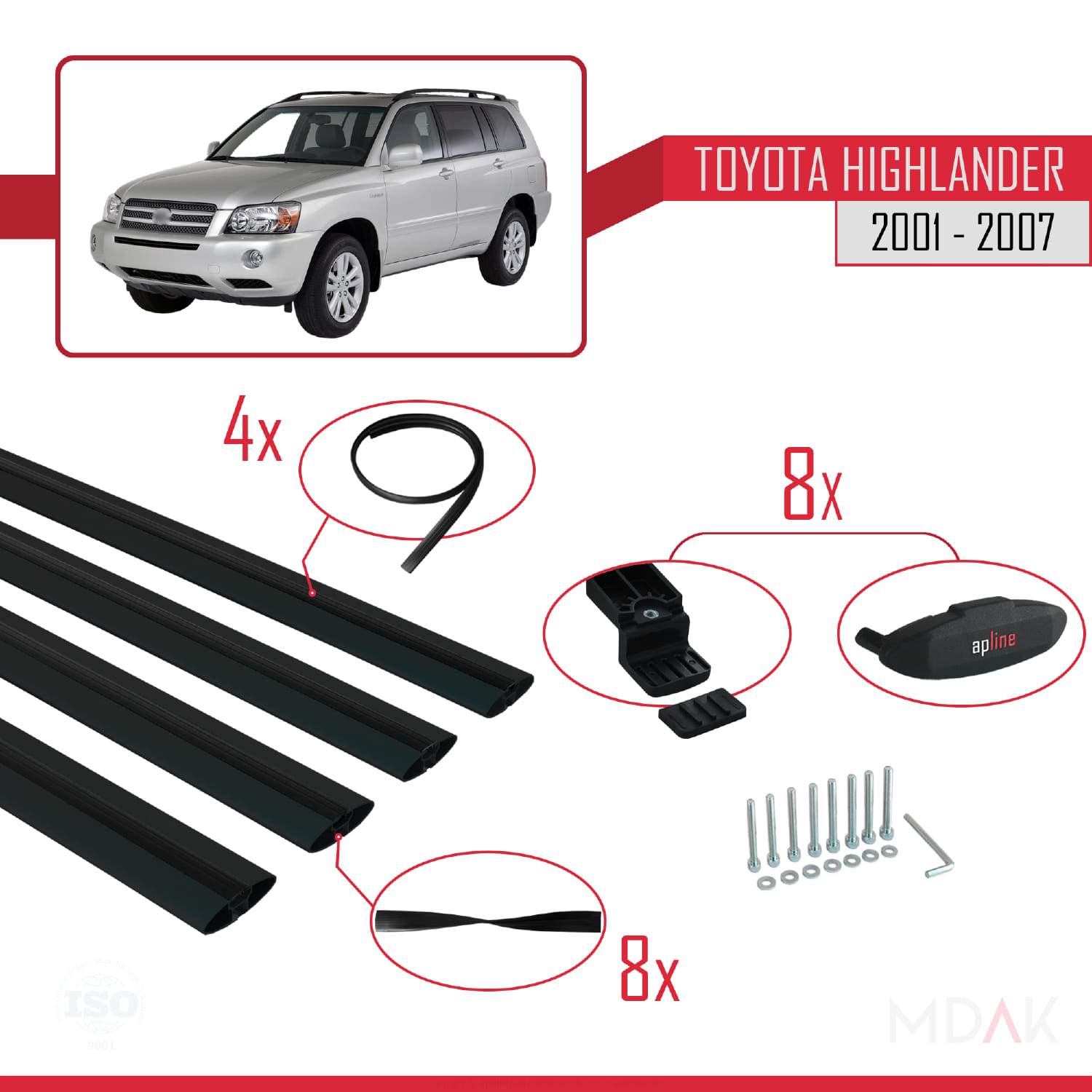 Toyota Highlander 2001-2007 Arası ile Uyumlu BASIC Model Ara Atkı Tavan Barı Siyah 4 Adet - Görsel 6