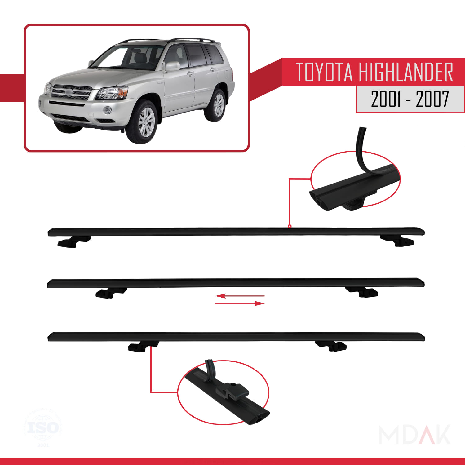 Toyota Highlander 2001-2007 Arası ile Uyumlu BASIC Model Ara Atkı Tavan Barı Siyah 2 Adet - Görsel 5