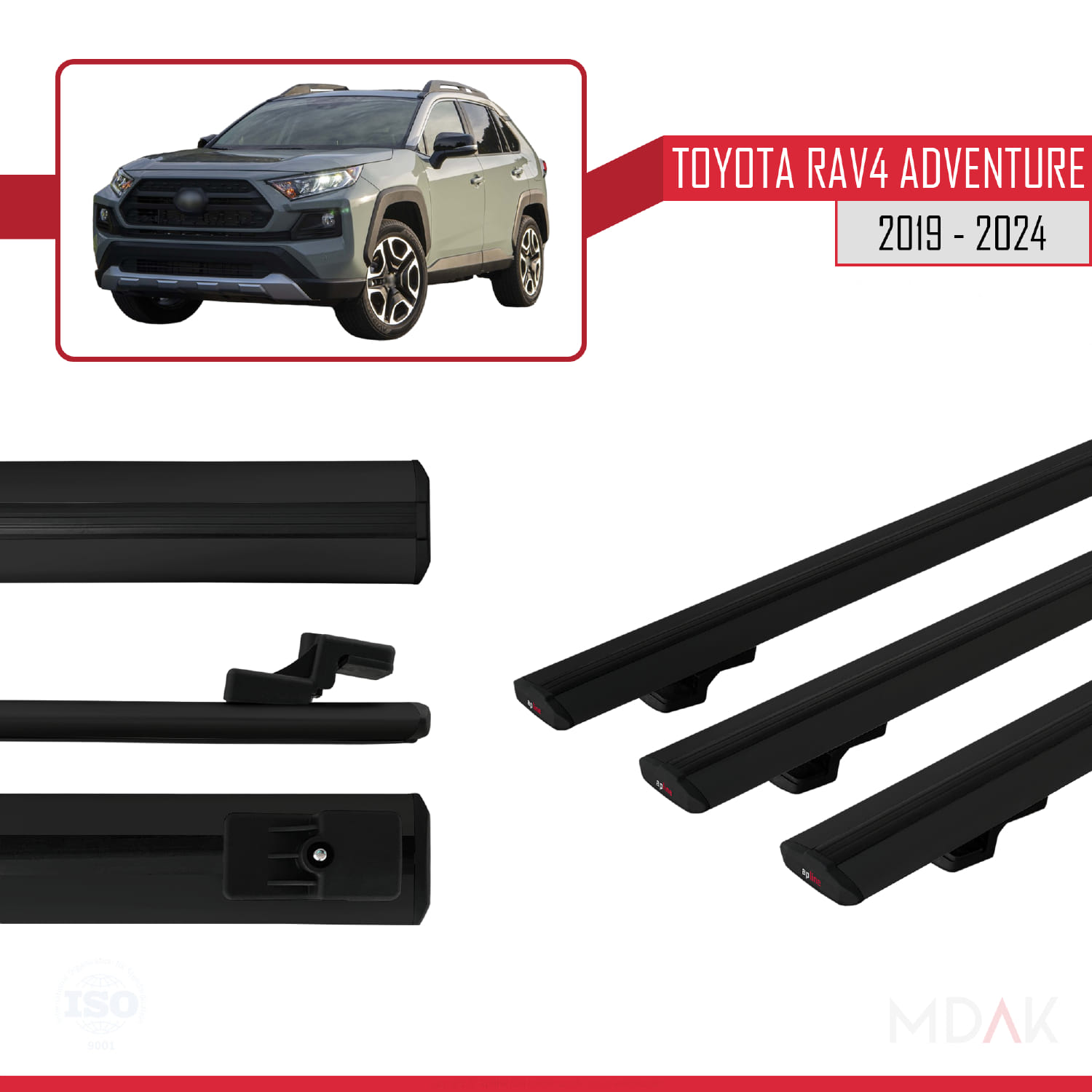 Toyota RAV4 Adventure 2019-2024 Arası ile Uyumlu BASIC Model Ara Atkı Tavan Barı Siyah 3 Adet - Görsel 3
