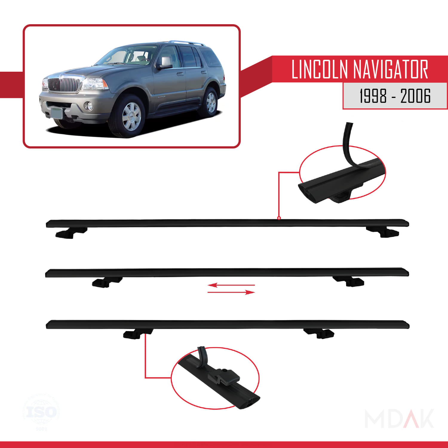 Lincoln Navigator 1998-2006 Arası ile Uyumlu BASIC Model Ara Atkı Tavan Barı Siyah 3 Adet - Görsel 5