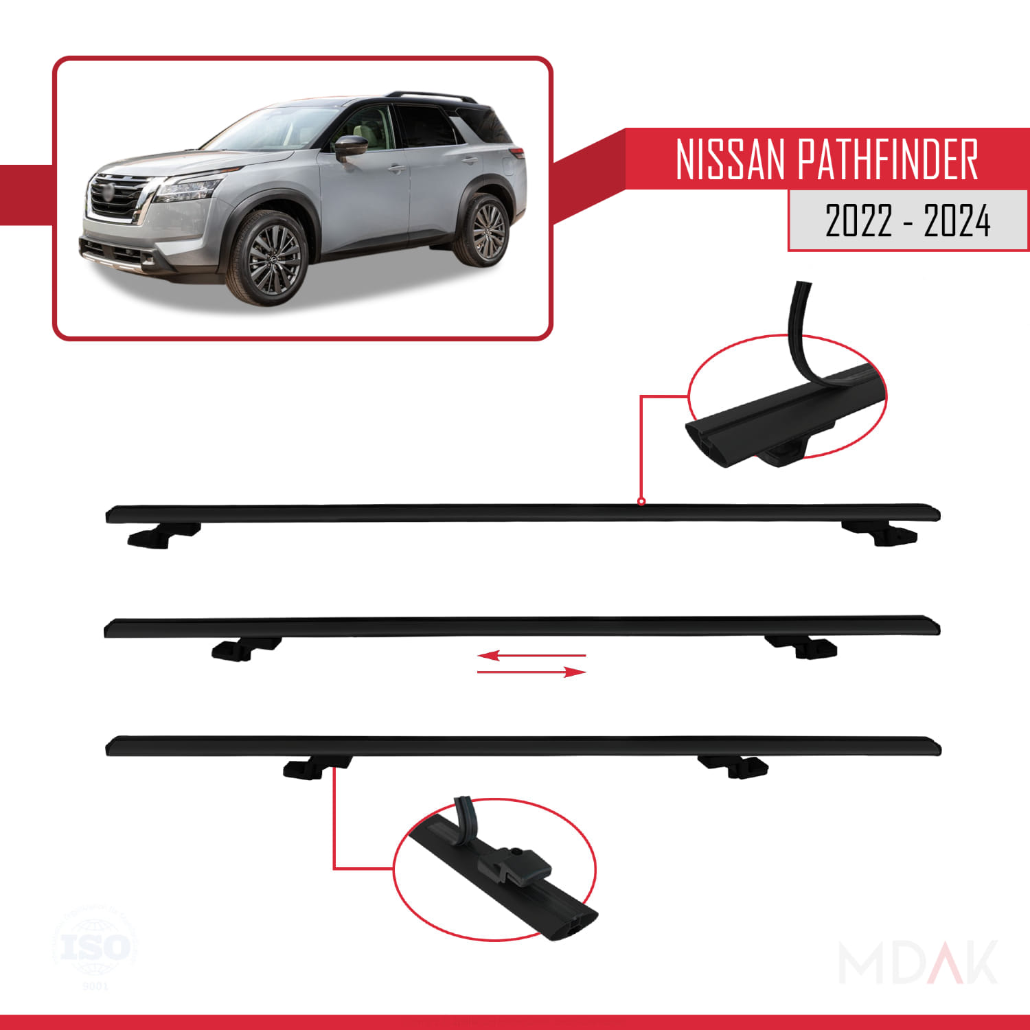 Nissan Pathfinder 2022-2024 Arası ile Uyumlu BASIC Model Ara Atkı Tavan Barı Siyah 3 Adet - Görsel 5