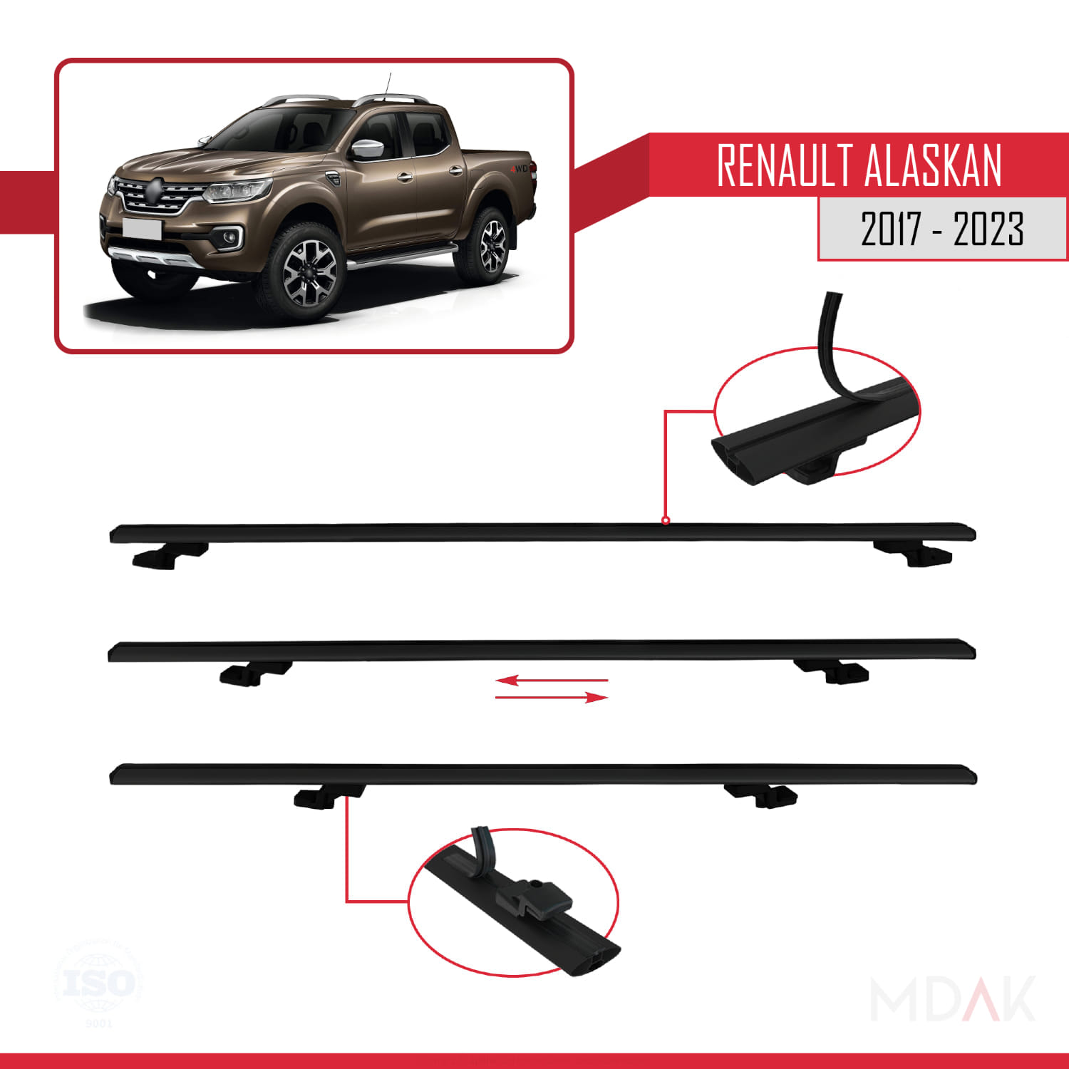 Renault Alaskan 2017-2023 Arası ile Uyumlu BASIC Model Ara Atkı Tavan Barı Siyah 2 Adet - Görsel 5