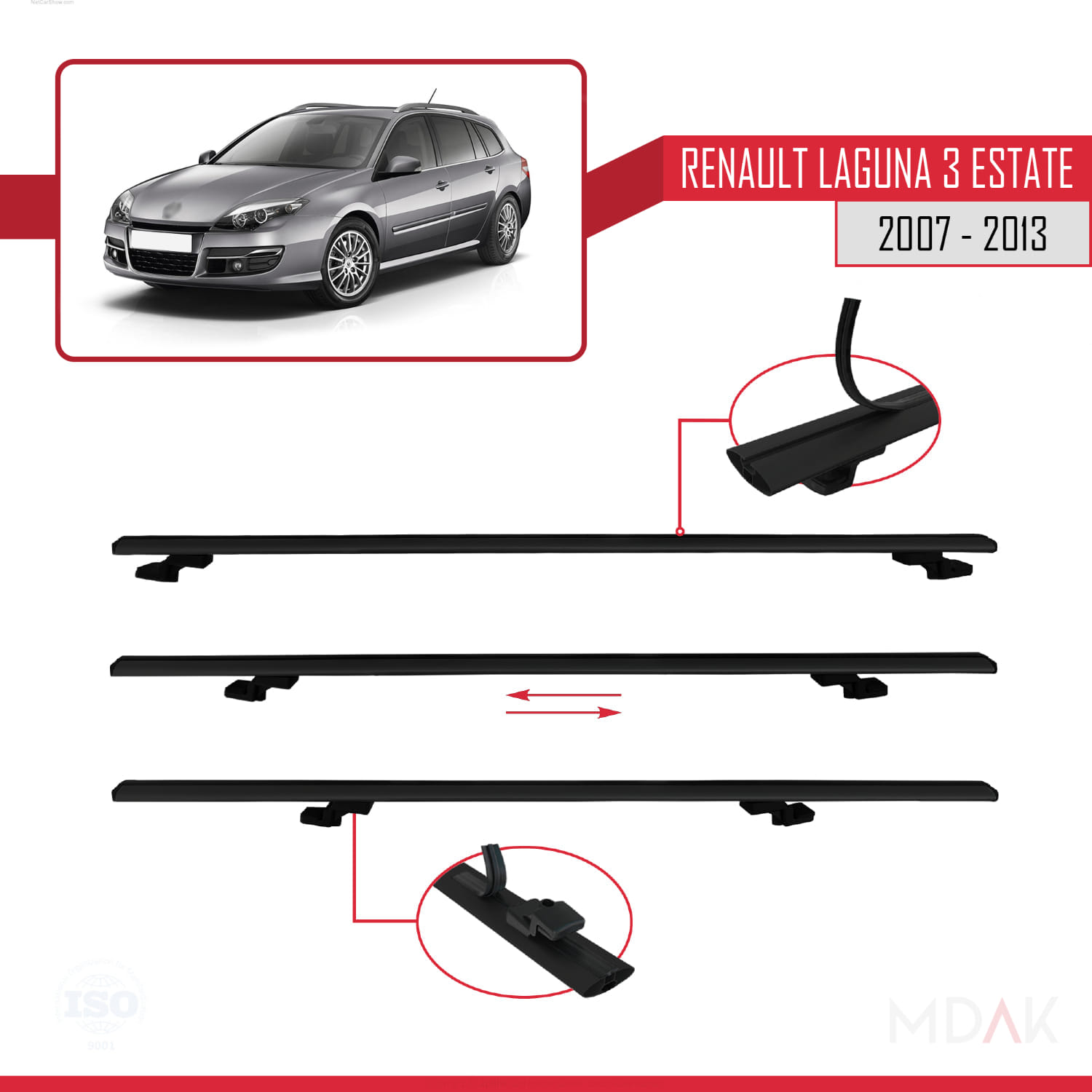 Renault Laguna 3 Estate 2007-2013 Arası ile Uyumlu BASIC Model Ara Atkı Tavan Barı Siyah 2 Adet - Görsel 5