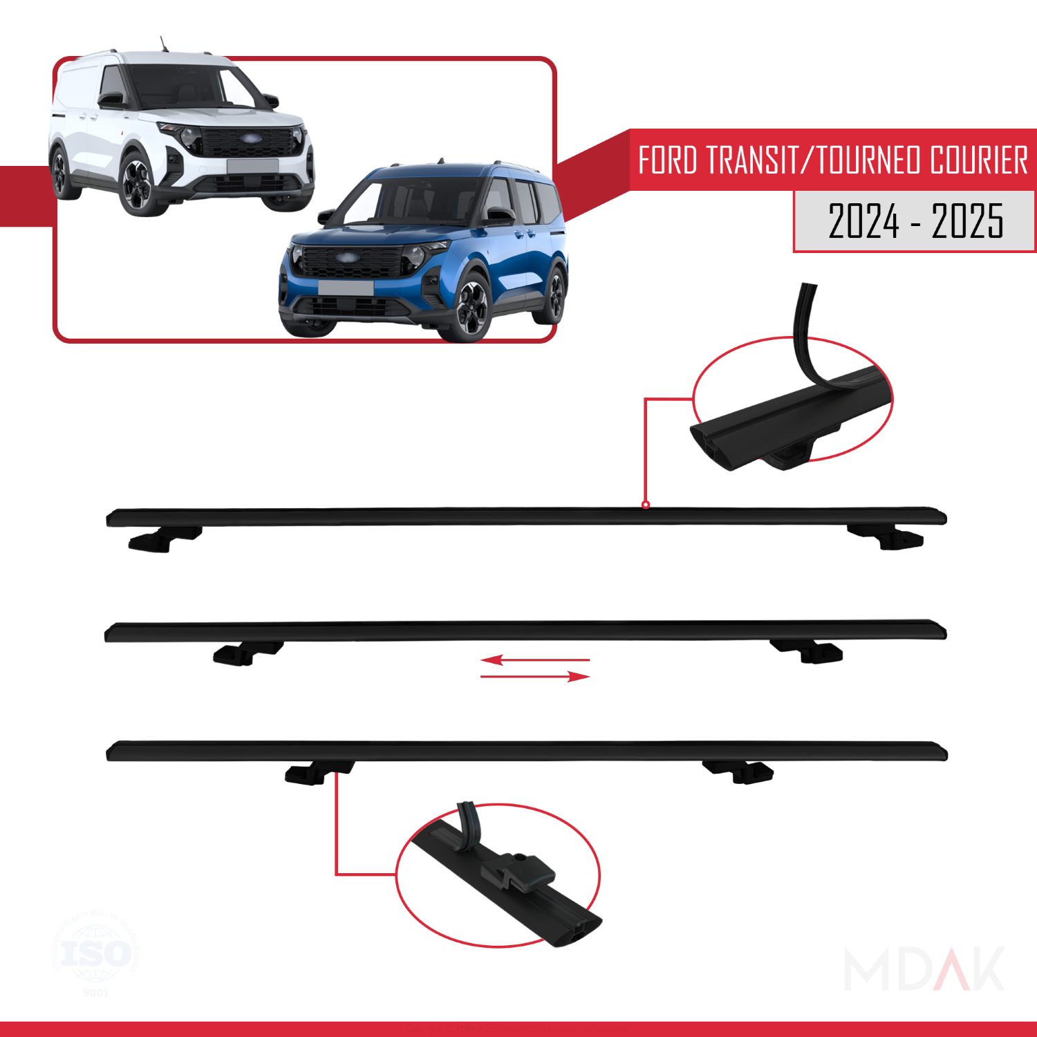Ford Transit/Tourneo Courier 2024-2025 Arası ile uyumlu BASIC Model Ara Atkı Tavan Barı Siyah 4 Adet - Görsel 5