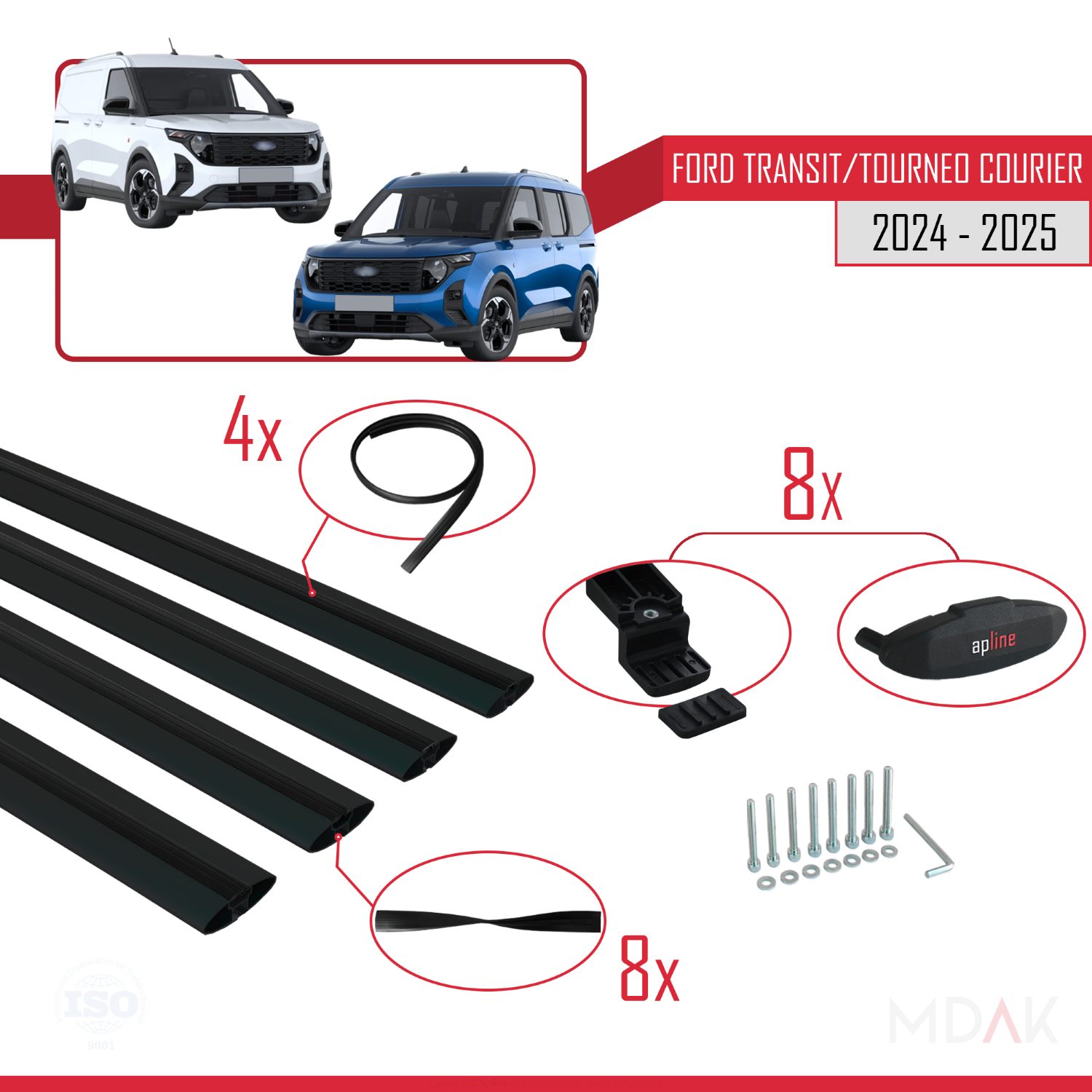 Ford Transit/Tourneo Courier 2024-2025 Arası ile uyumlu BASIC Model Ara Atkı Tavan Barı Siyah 4 Adet - Görsel 6