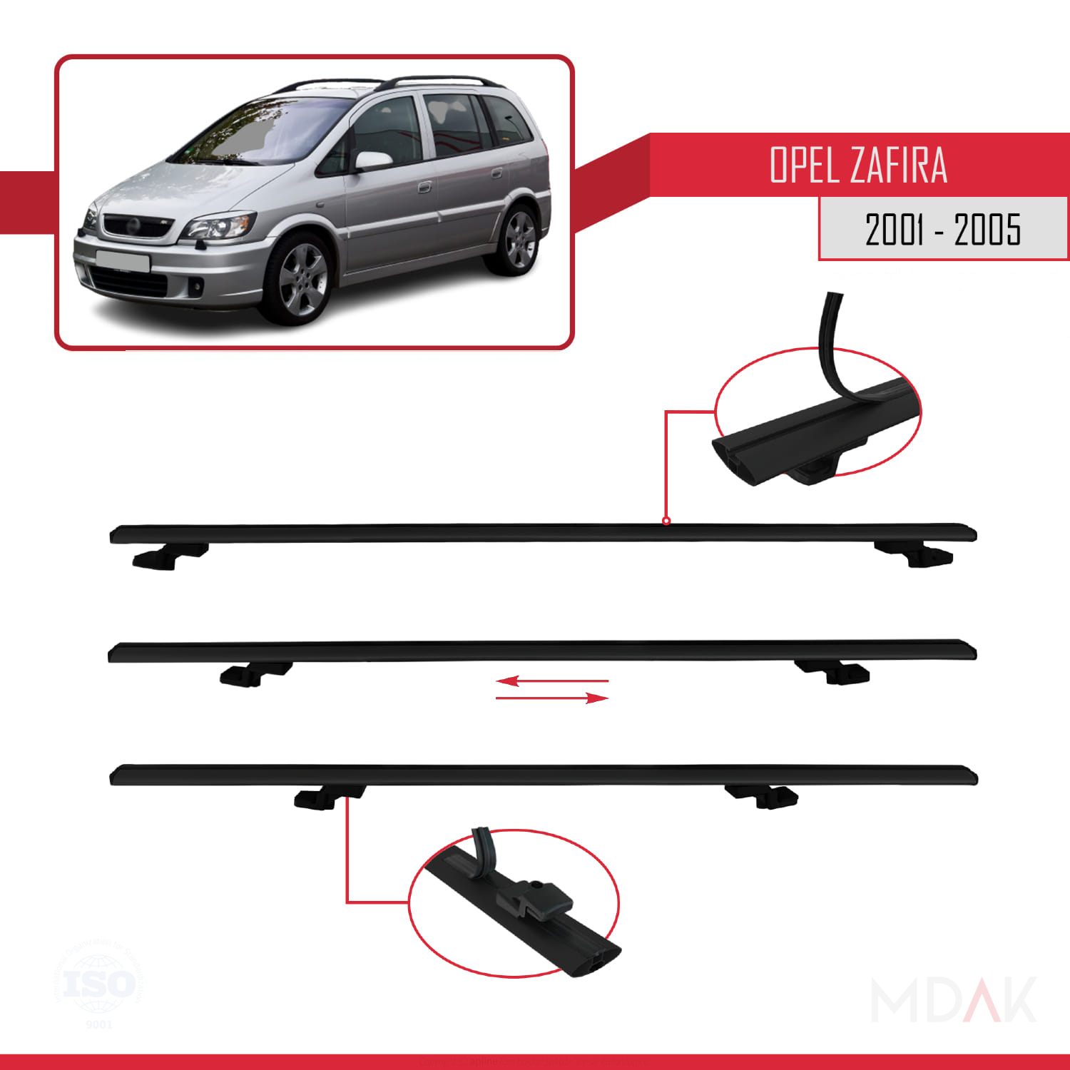 Opel Zafira A (T98) 2001-2005 Arası ile uyumlu BASIC Model Ara Atkı Tavan Barı Siyah 2 Adet - Görsel 5