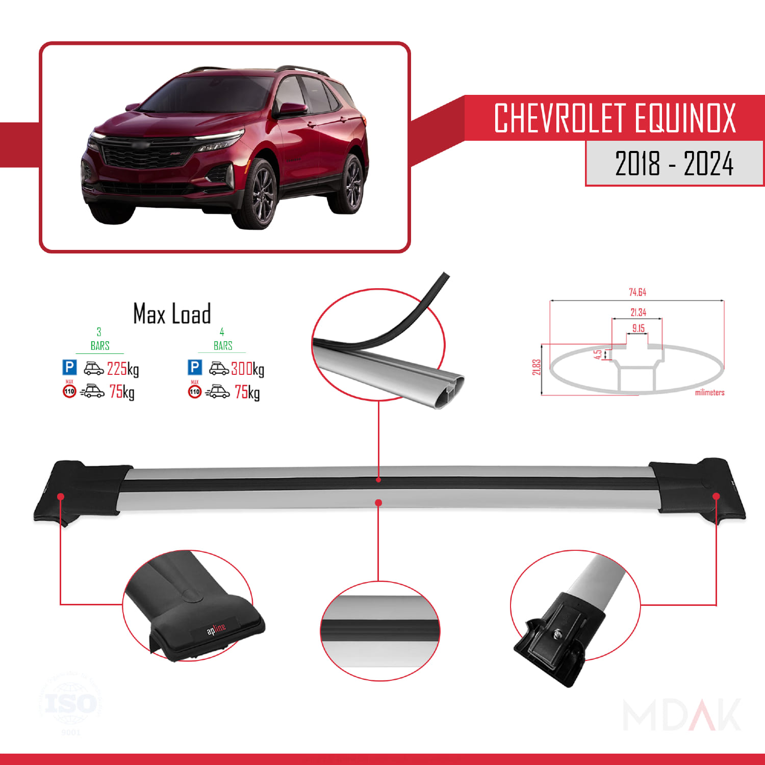 Chevrolet Equinox 2018-2024 Arası ile Uyumlu FLY Model Ara Atkı Tavan Barı Gri 3 Adet - Görsel 3