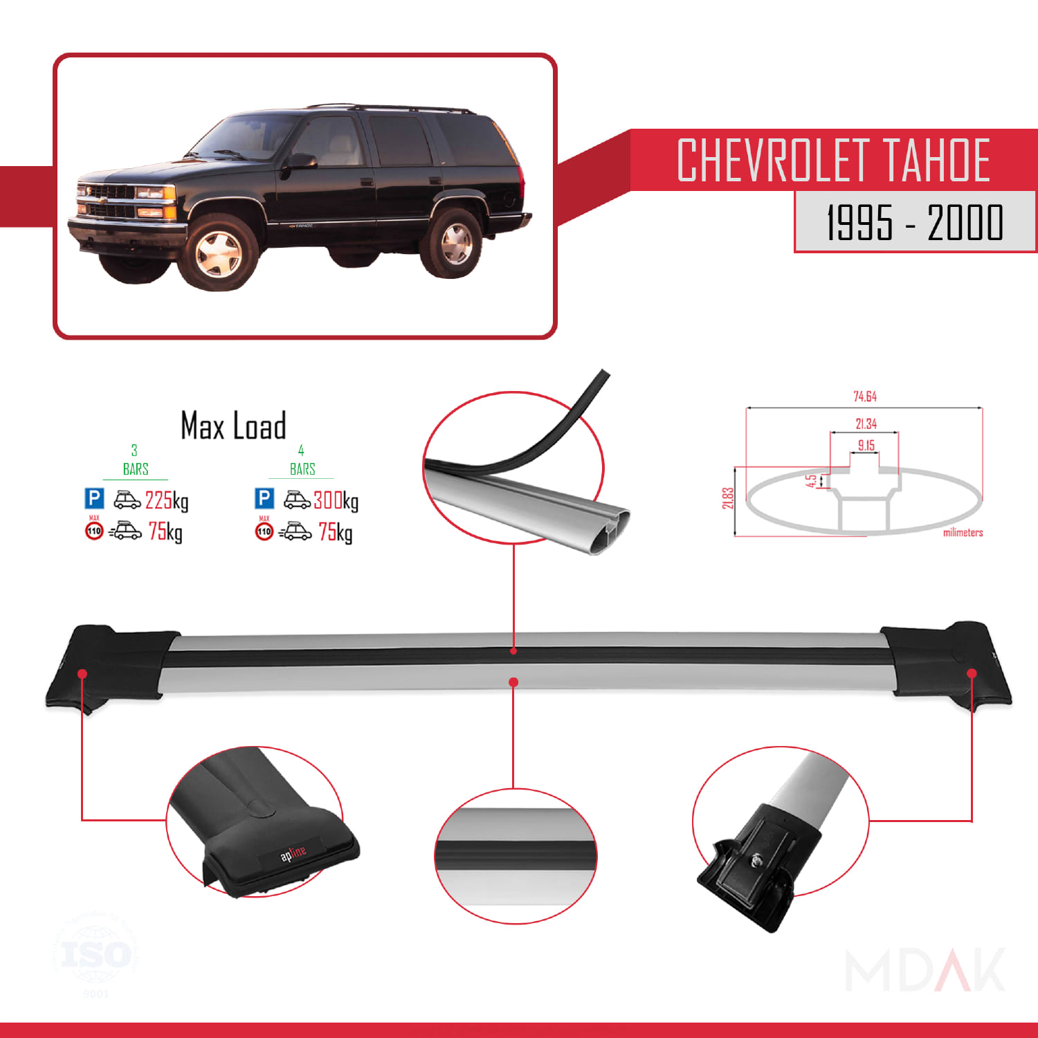 Chevrolet Tahoe 1995-2000 Arası ile Uyumlu FLY Model Ara Atkı Tavan Barı Gri 4 Adet - Görsel 3
