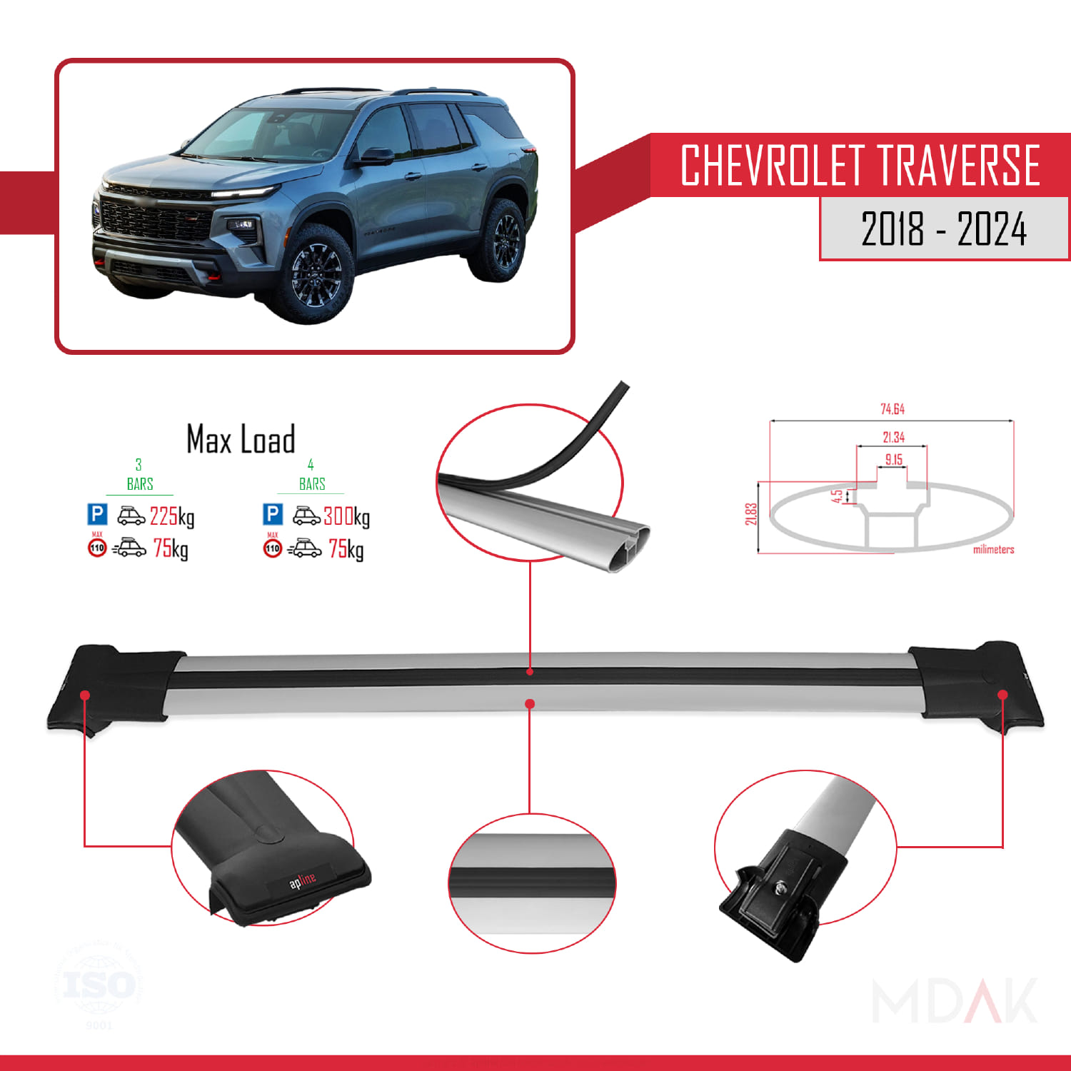 Chevrolet Traverse 2018-2024 Arası ile Uyumlu FLY Model Ara Atkı Tavan Barı Gri 3 Adet - Görsel 3