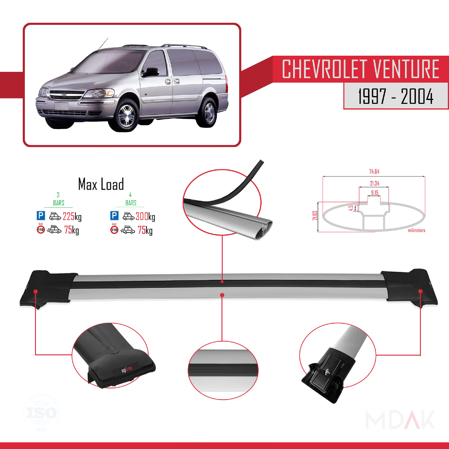 Chevrolet Venture 1997-2004 Arası ile Uyumlu FLY Model Ara Atkı Tavan Barı Gri 4 Adet - Görsel 3