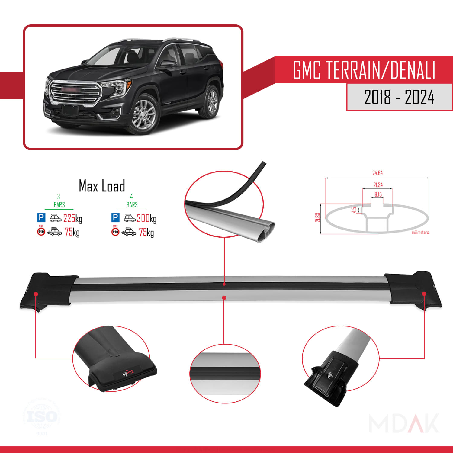 GMC Terrain / Denali 2018-2024 Arası ile Uyumlu FLY Model Ara Atkı Tavan Barı Gri 3 Adet - Görsel 3