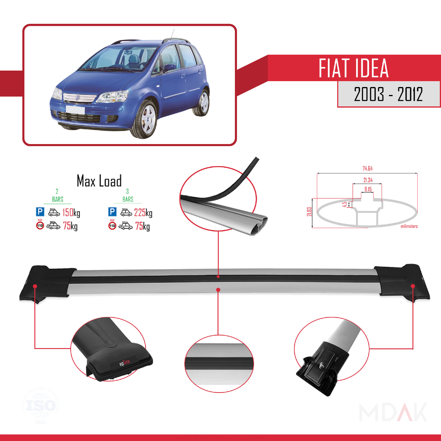 Fiat Idea 2003-2012 Arası ile Uyumlu FLY Model Ara Atkı Tavan Barı Gri 2 Adet - Görsel 4