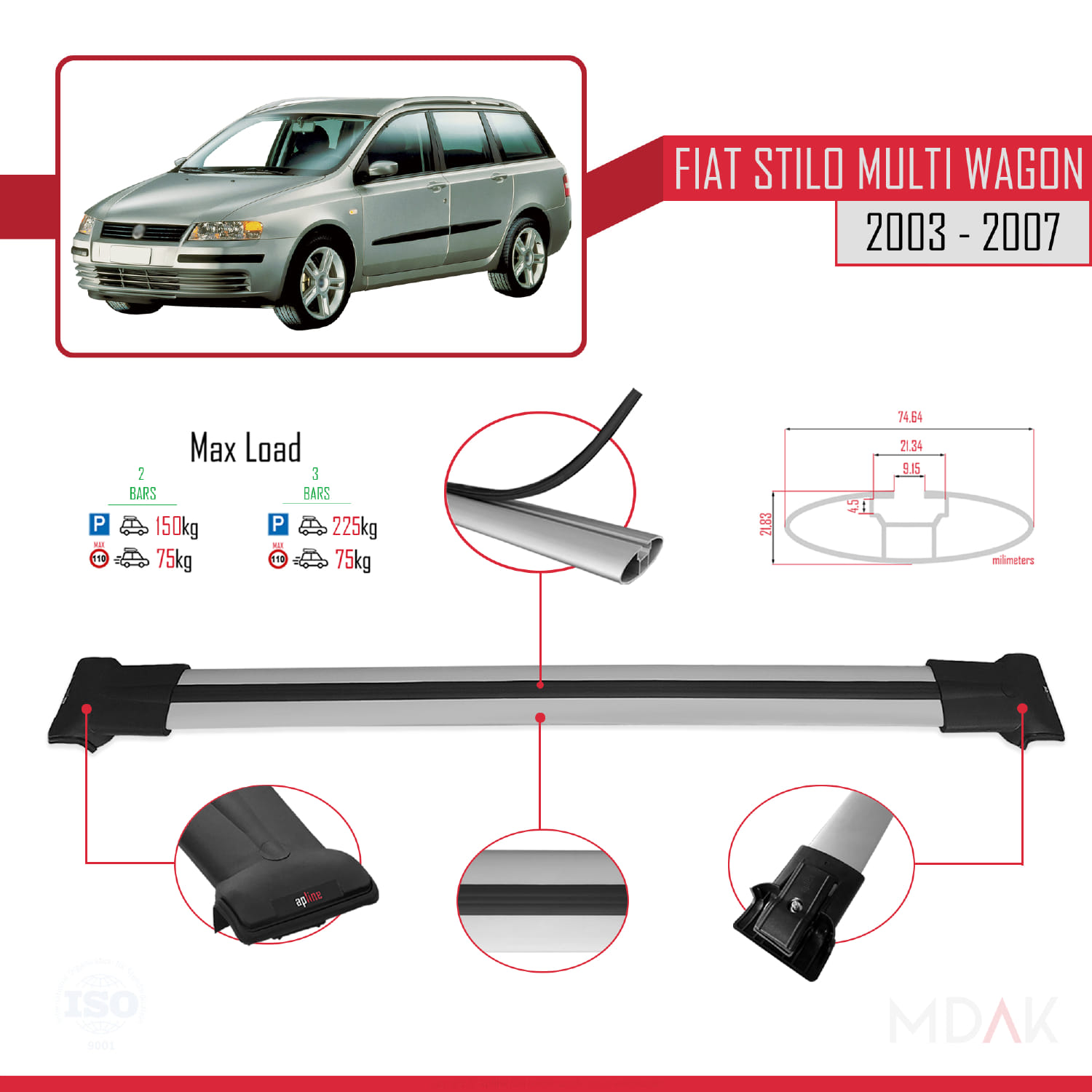 Fiat Stilo Multi Wagon 2003-2007 Arası ile Uyumlu FLY Model Ara Atkı Tavan Barı Gri 2 Adet - Görsel 4