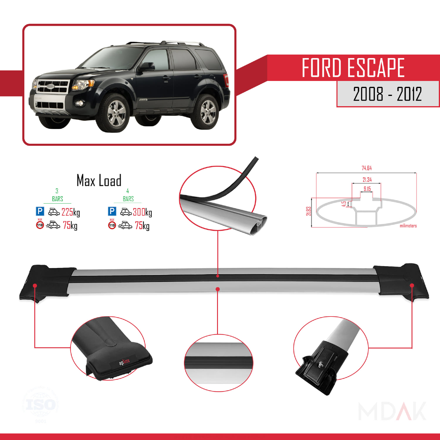 Ford Escape 2008-2012 Arası ile Uyumlu FLY Model Ara Atkı Tavan Barı Gri 3 Adet - Görsel 3