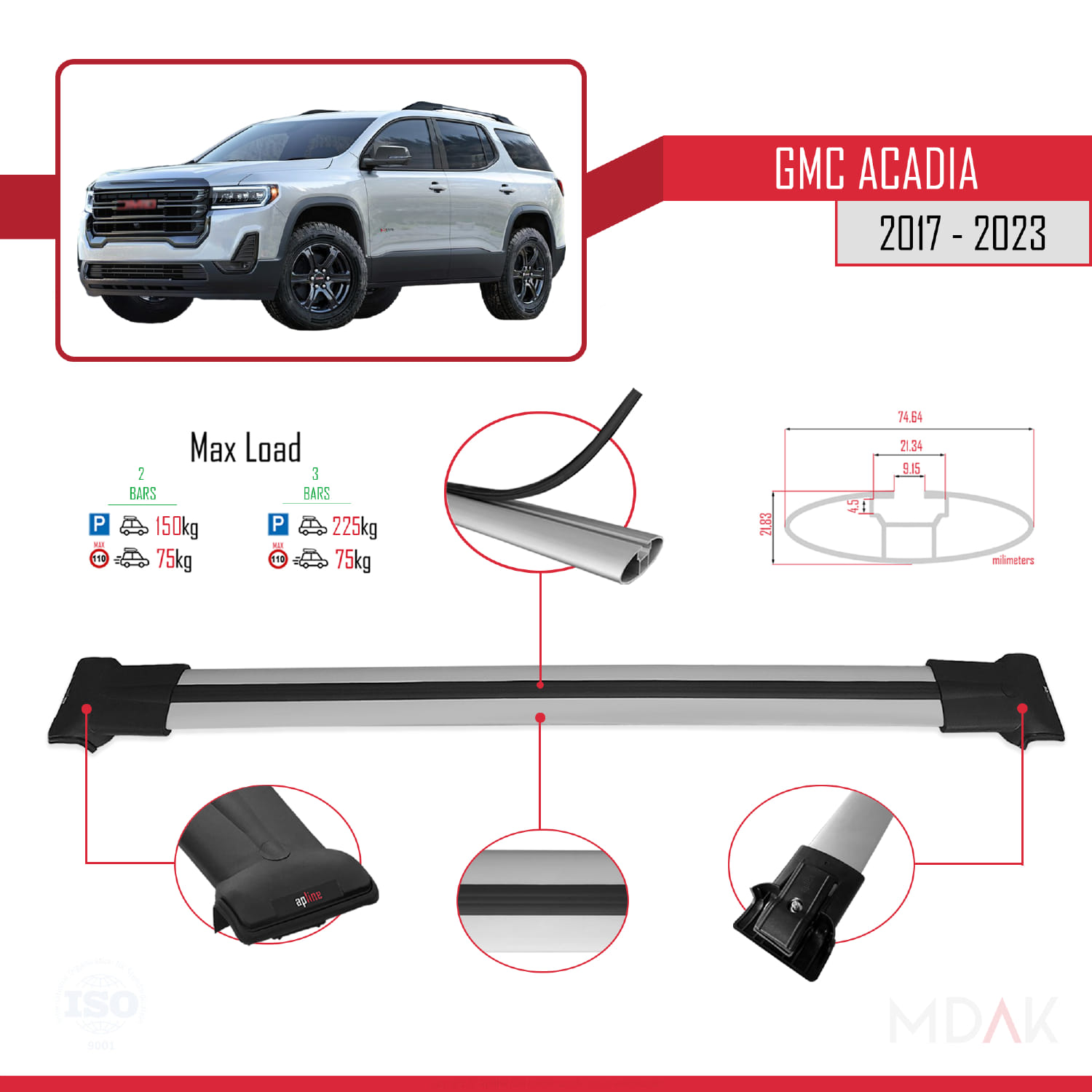 GMC Acadia 2017-2023 Arası ile Uyumlu FLY Model Ara Atkı Tavan Barı Gri 2 Adet - Görsel 4