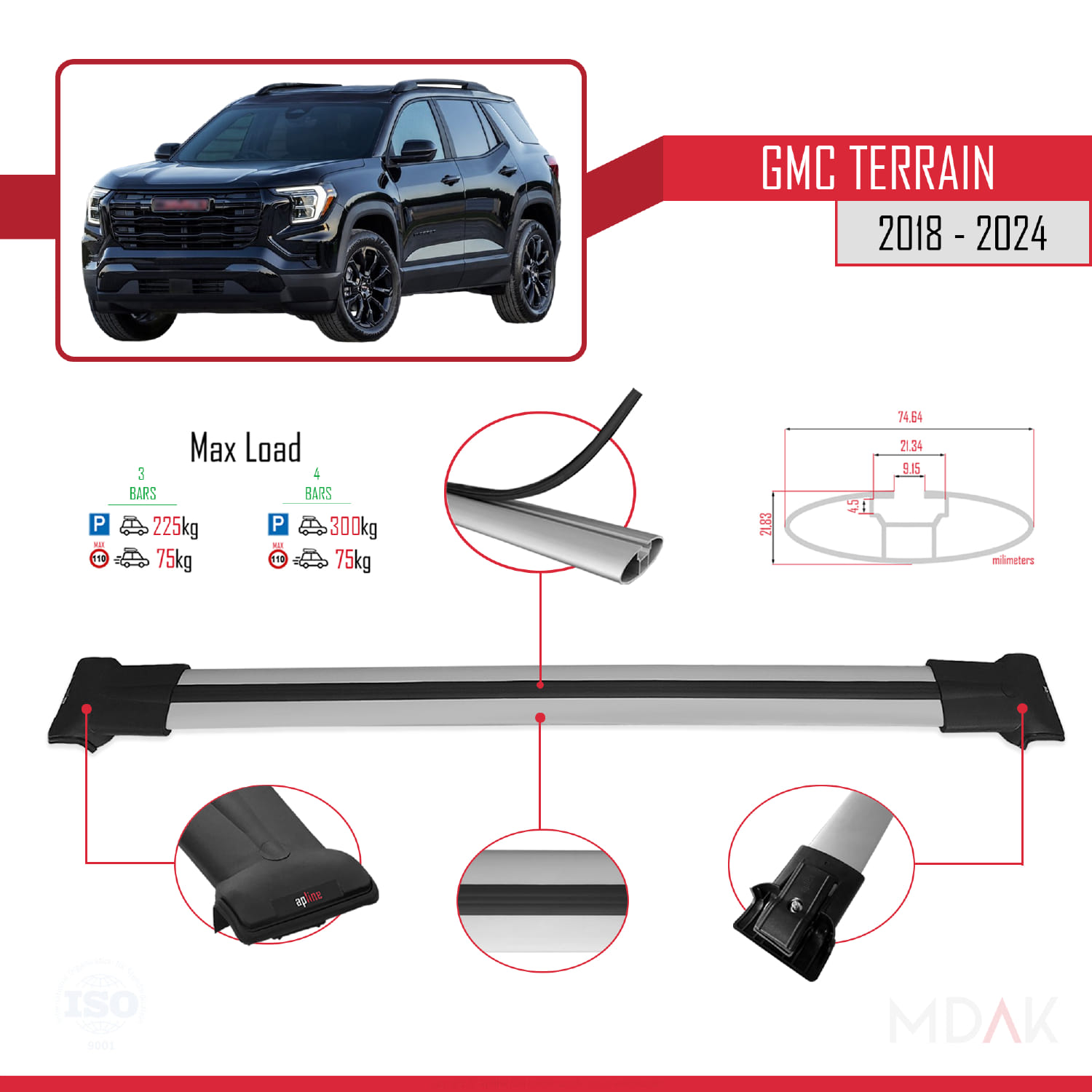 GMC Terrain 2018-2024 Arası ile Uyumlu FLY Model Ara Atkı Tavan Barı Gri 3 Adet - Görsel 3
