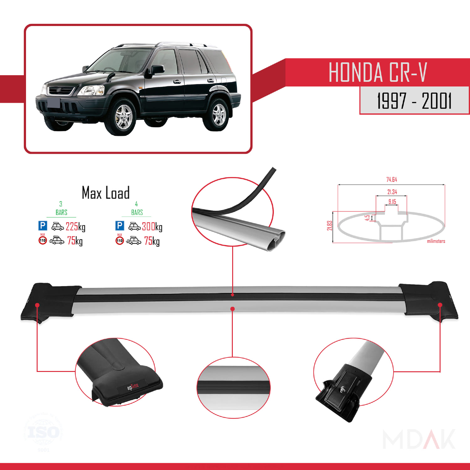 Honda CR-V 1997-2001 Arası ile Uyumlu FLY Model Ara Atkı Tavan Barı Gri 3 Adet - Görsel 3
