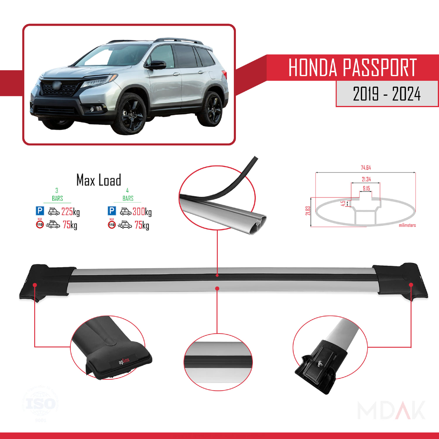 Honda Passport 2019-2024 Arası ile Uyumlu FLY Model Ara Atkı Tavan Barı Gri 3 Adet - Görsel 3