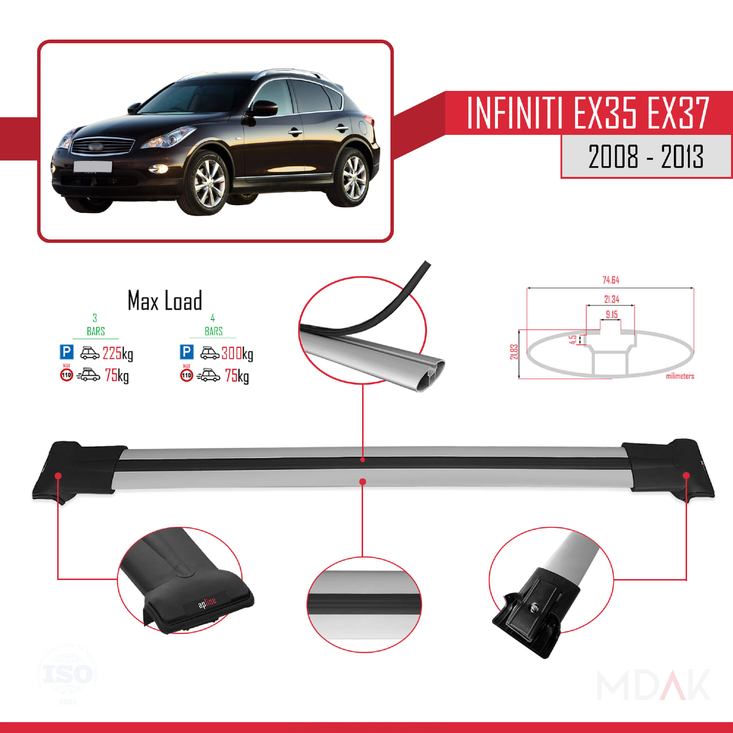Infiniti EX35 EX37 2008-2013 Arası ile Uyumlu FLY Model Ara Atkı Tavan Barı Gri 3 Adet - Görsel 3