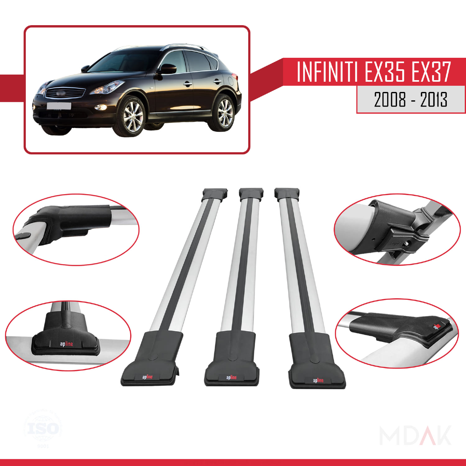 Infiniti EX35 EX37 2008-2013 Arası ile Uyumlu FLY Model Ara Atkı Tavan Barı Gri 3 Adet - Görsel 4