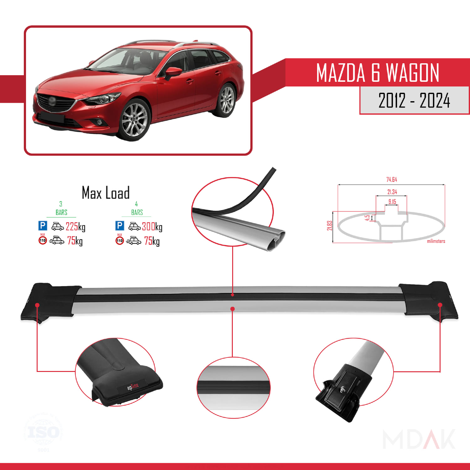 Mazda 6 Wagon 2012-2024 Arası ile Uyumlu FLY Model Ara Atkı Tavan Barı Gri 3 Adet - Görsel 3