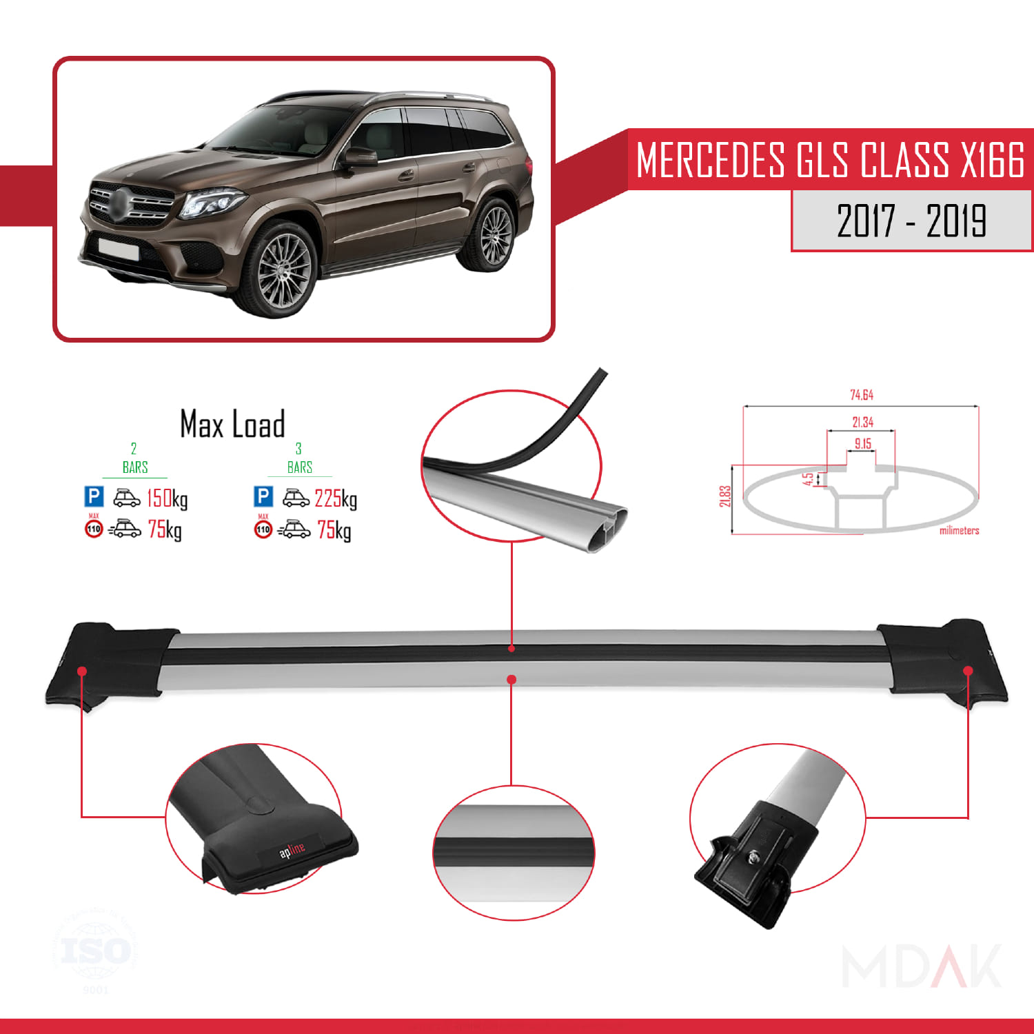 Mercedes GLS Class X166 2017-2019 Arası ile Uyumlu FLY Model Ara Atkı Tavan Barı Gri 2 Adet - Görsel 4