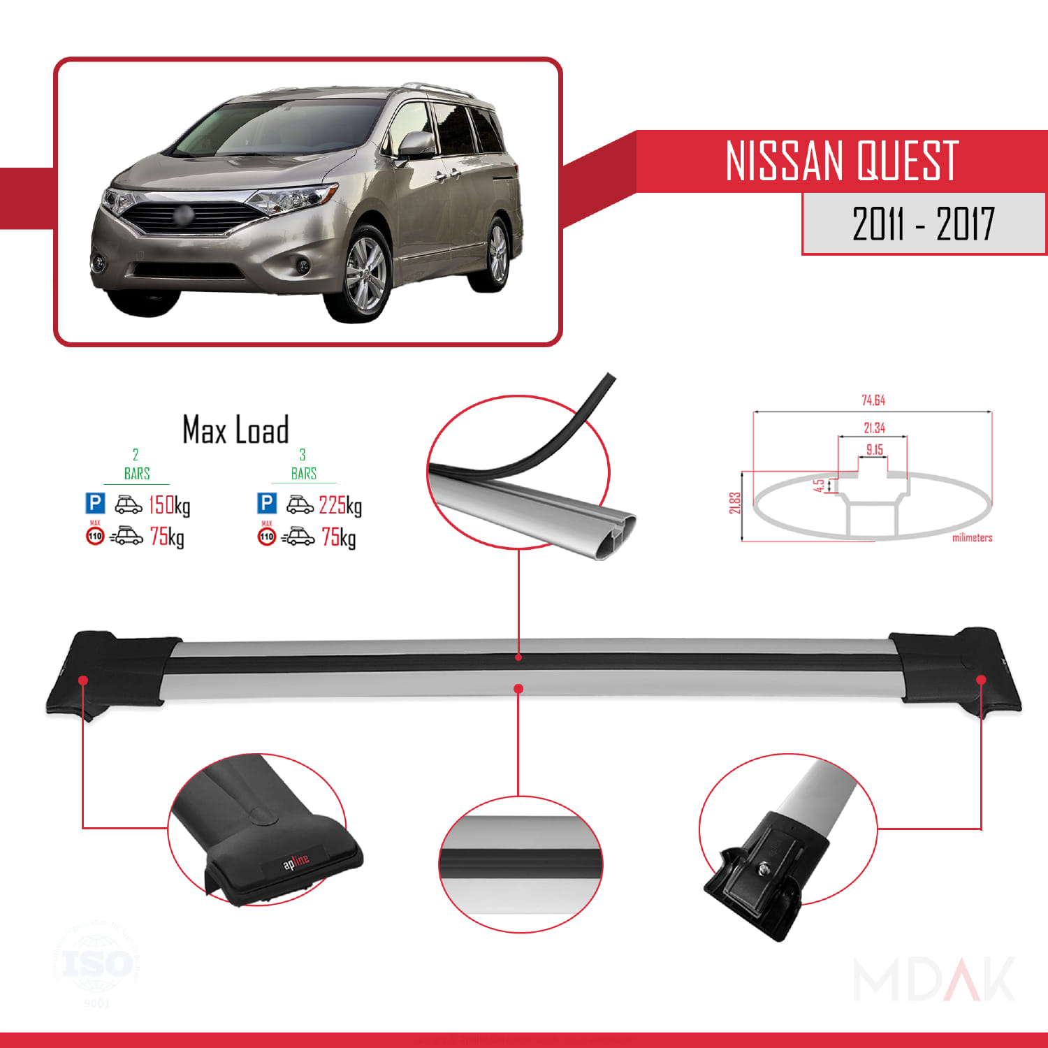 Nissan Quest 2011-2017 Arası ile Uyumlu FLY Model Ara Atkı Tavan Barı Gri 2 Adet - Görsel 4