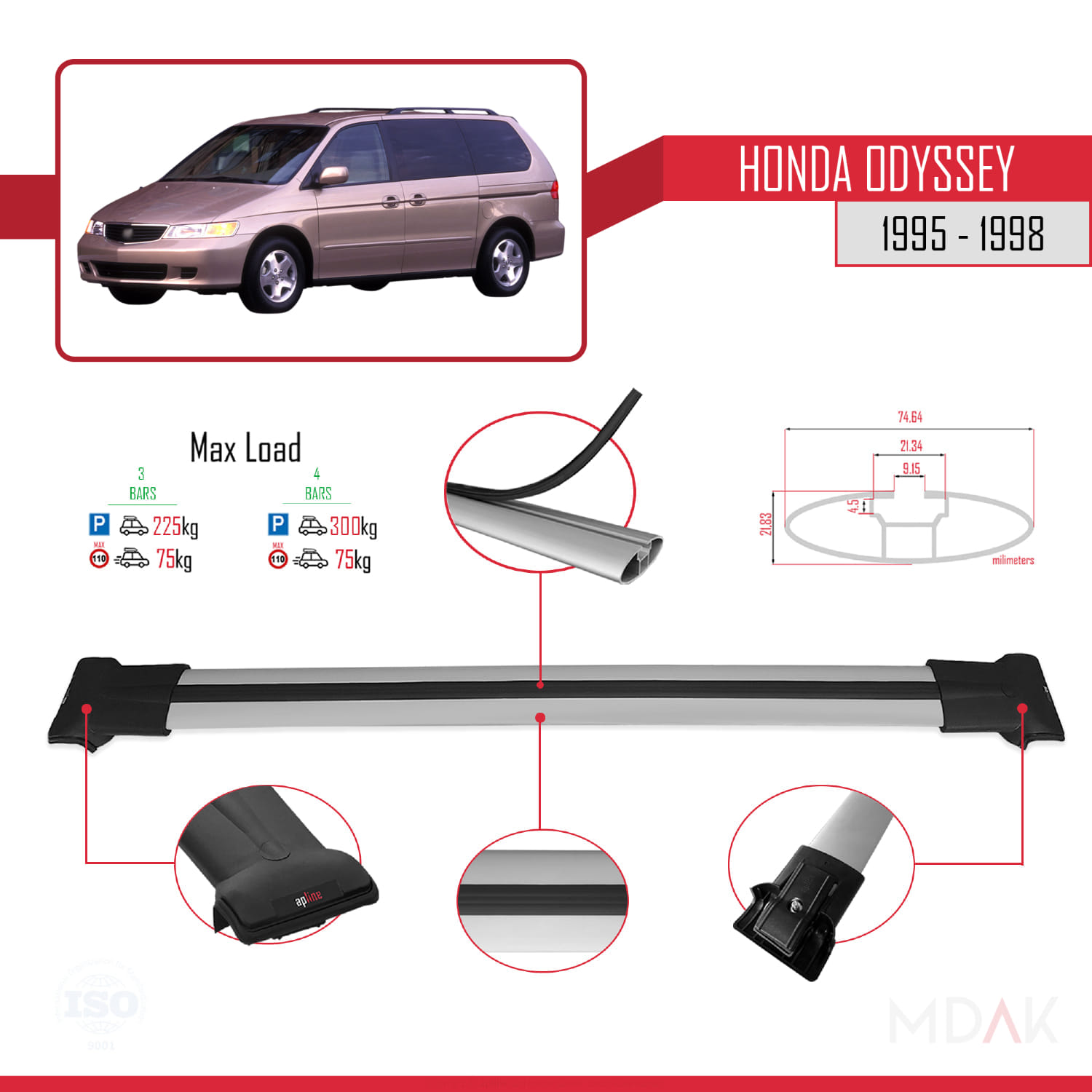 Honda Odyssey 1995-1998 Arası ile Uyumlu FLY Model Ara Atkı Tavan Barı Gri 3 Adet - Görsel 3