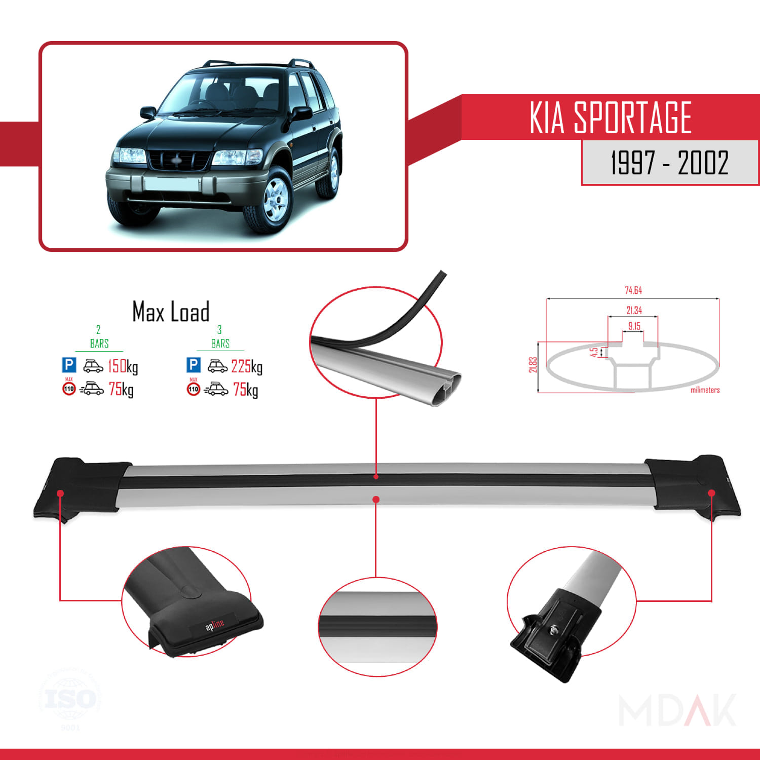 Kia Sportage 1997-2002 Arası ile Uyumlu FLY Model Ara Atkı Tavan Barı Gri 2 Adet - Görsel 4