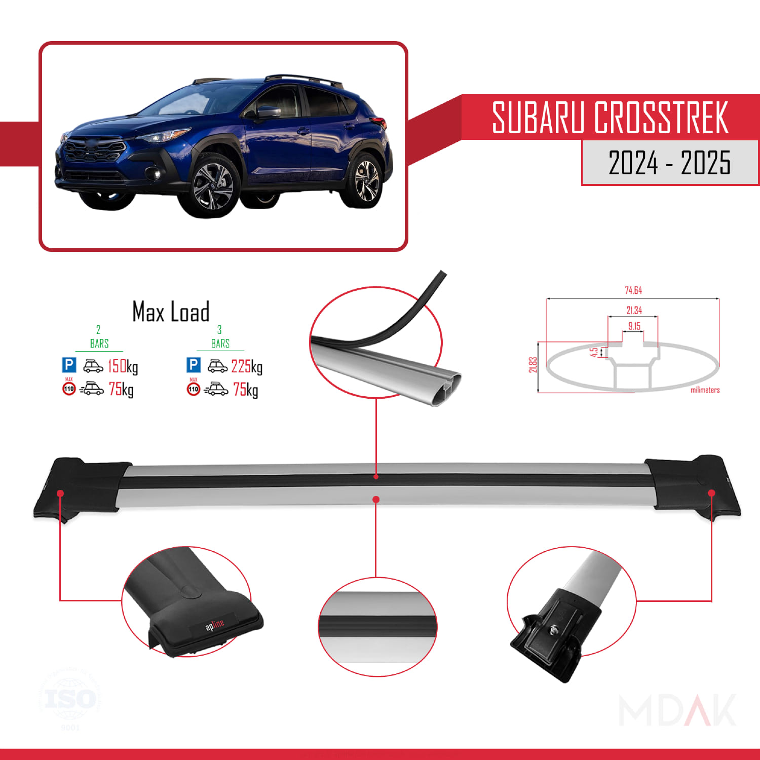 Subaru Crosstrek 2024 ve Sonrası ile Uyumlu FLY Model Ara Atkı Tavan Barı Gri 2 Adet - Görsel 4