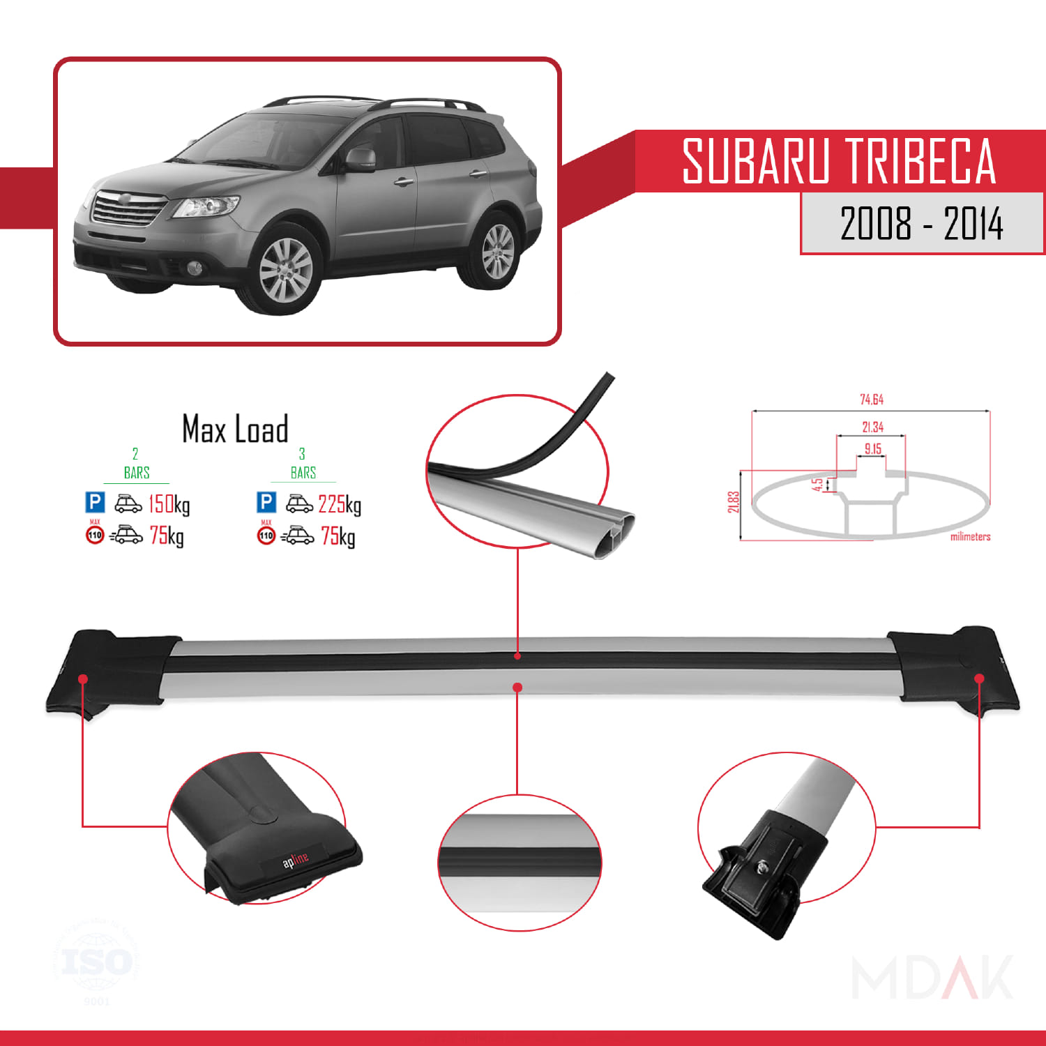Subaru Tribeca 2008-2014 Arası ile Uyumlu FLY Model Ara Atkı Tavan Barı Gri 2 Adet - Görsel 4