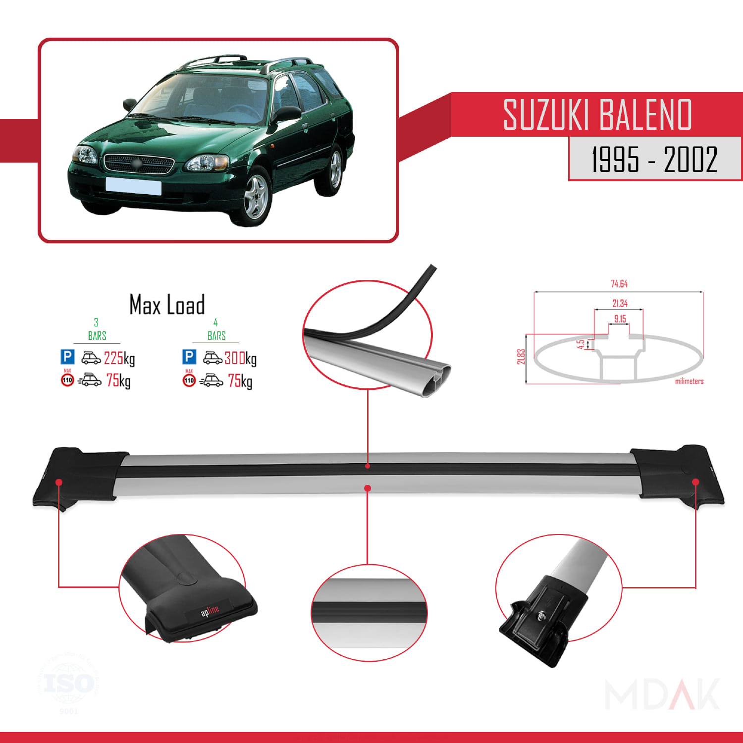 Suzuki Baleno 1995-2002 Arası ile Uyumlu FLY Model Ara Atkı Tavan Barı Gri 3 Adet - Görsel 3