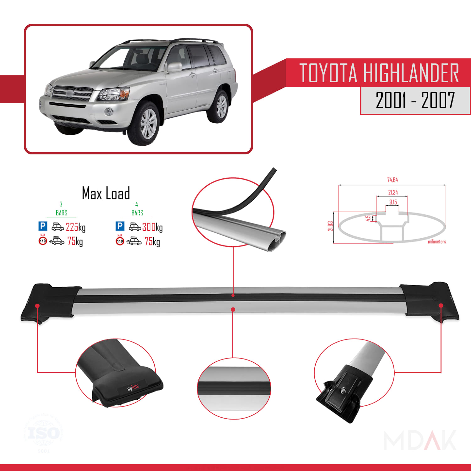 Toyota Highlander 2001-2007 Arası ile Uyumlu FLY Model Ara Atkı Tavan Barı Gri 3 Adet - Görsel 3