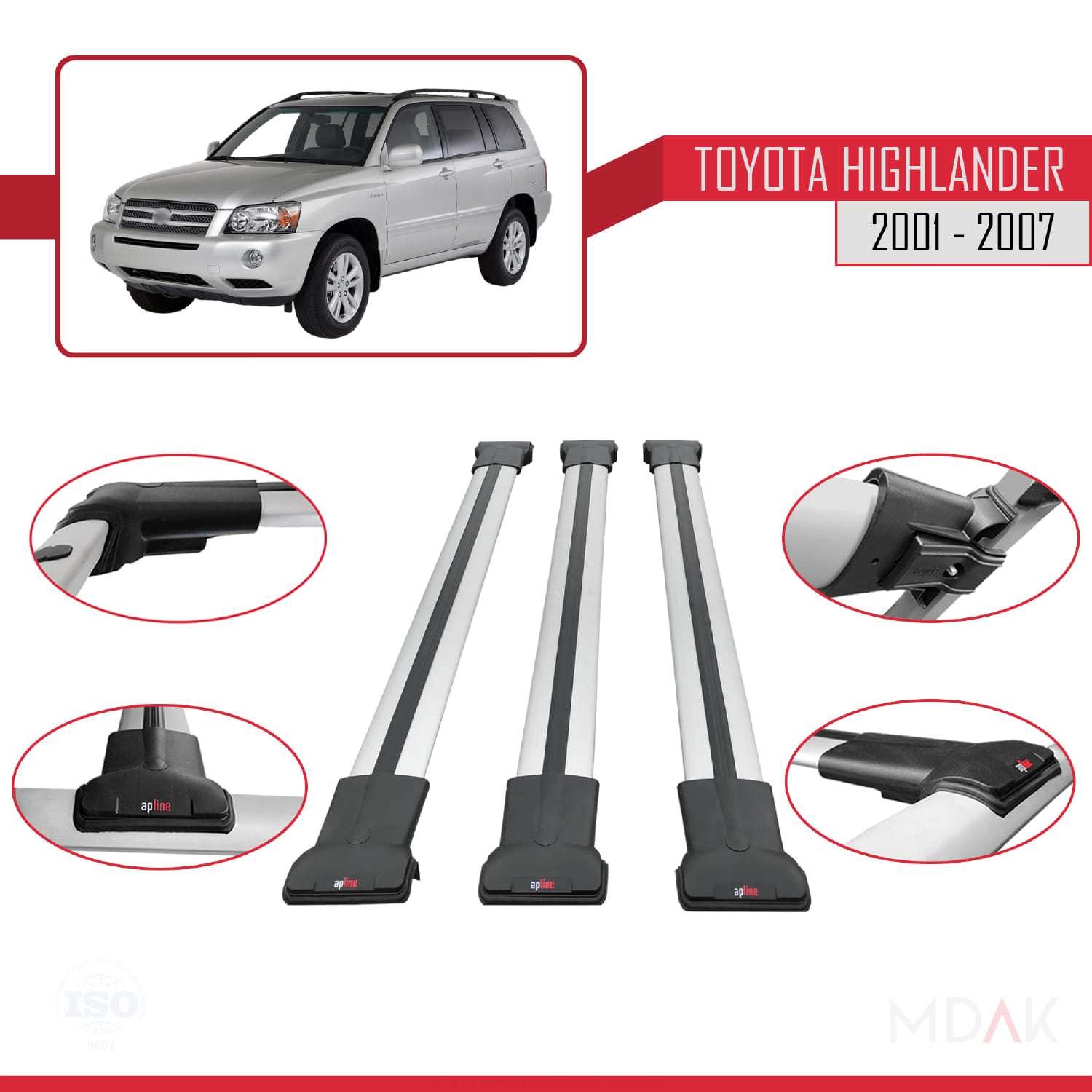 Toyota Highlander 2001-2007 Arası ile Uyumlu FLY Model Ara Atkı Tavan Barı Gri 3 Adet - Görsel 4