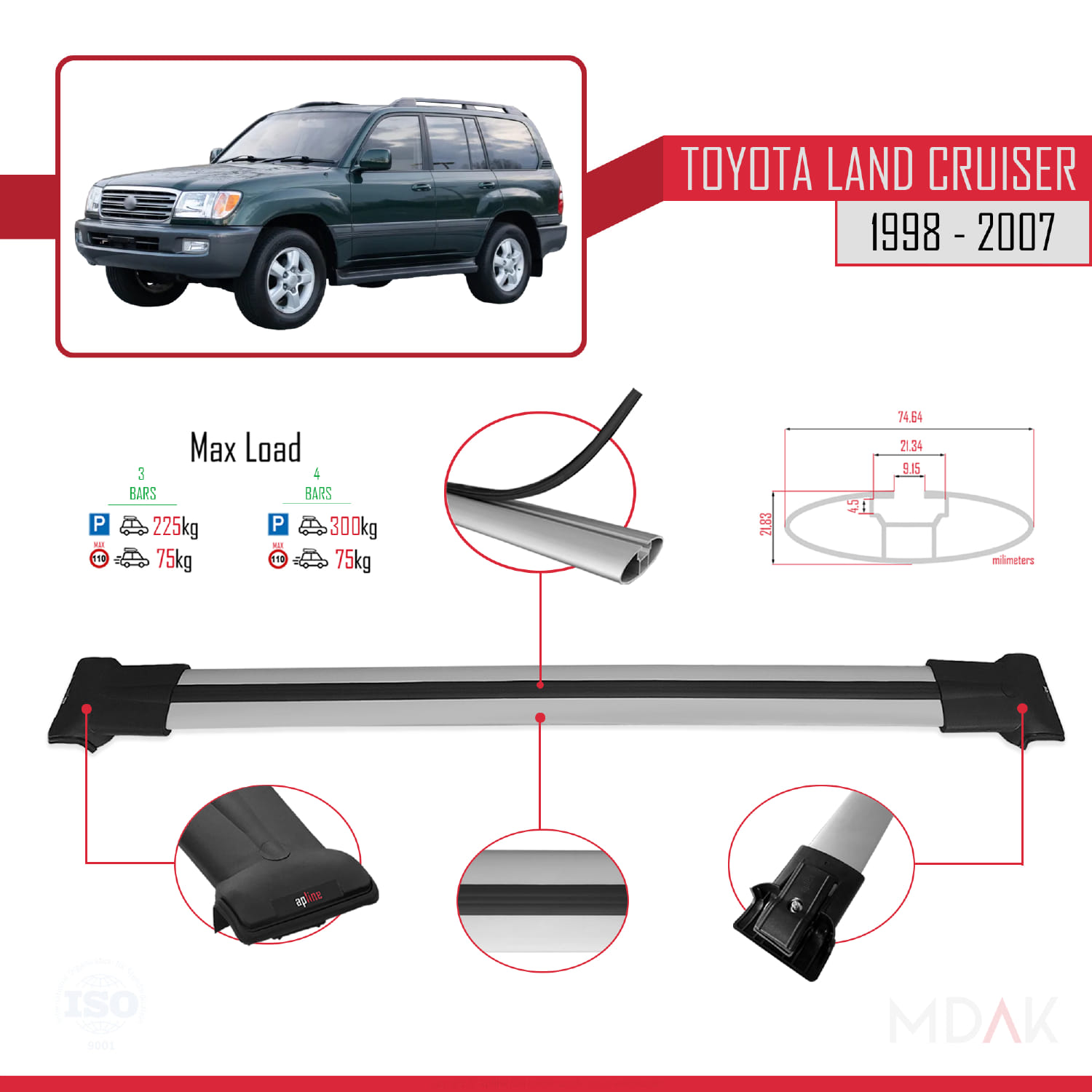Toyota Land Cruiser 1998-2007 Arası ile Uyumlu FLY Model Ara Atkı Tavan Barı Gri 3 Adet - Görsel 3