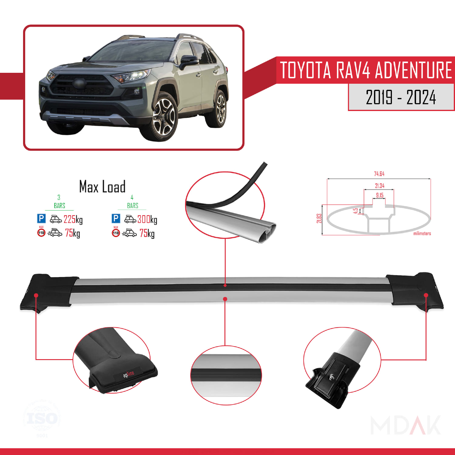 Toyota RAV4 Adventure 2019-2024 Arası ile Uyumlu FLY Model Ara Atkı Tavan Barı Gri 3 Adet - Görsel 3